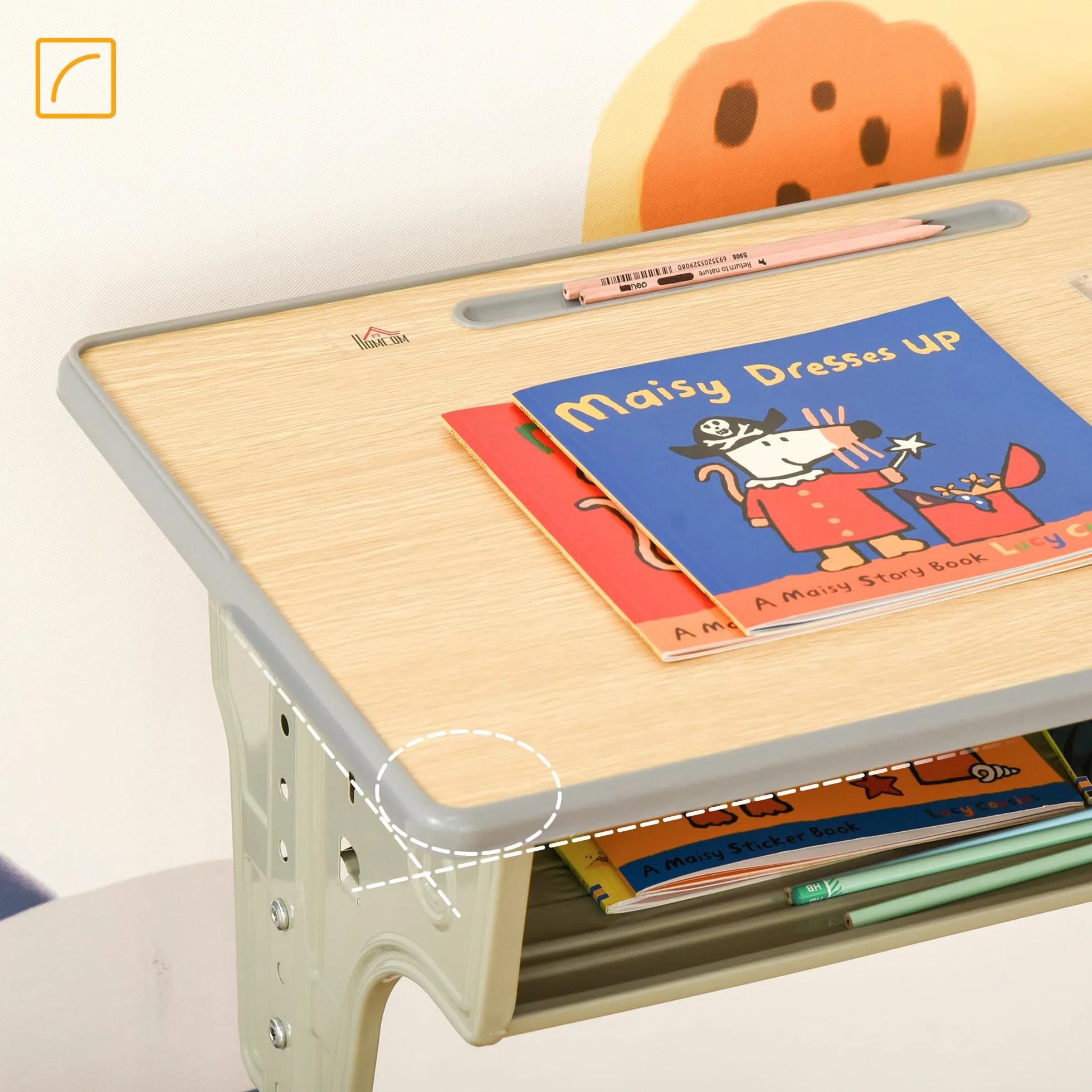 HOMCOM Juego de Escritorio y Silla para Niños +6 Años Altura Regulable con Gancho y Cajón Madera Natural