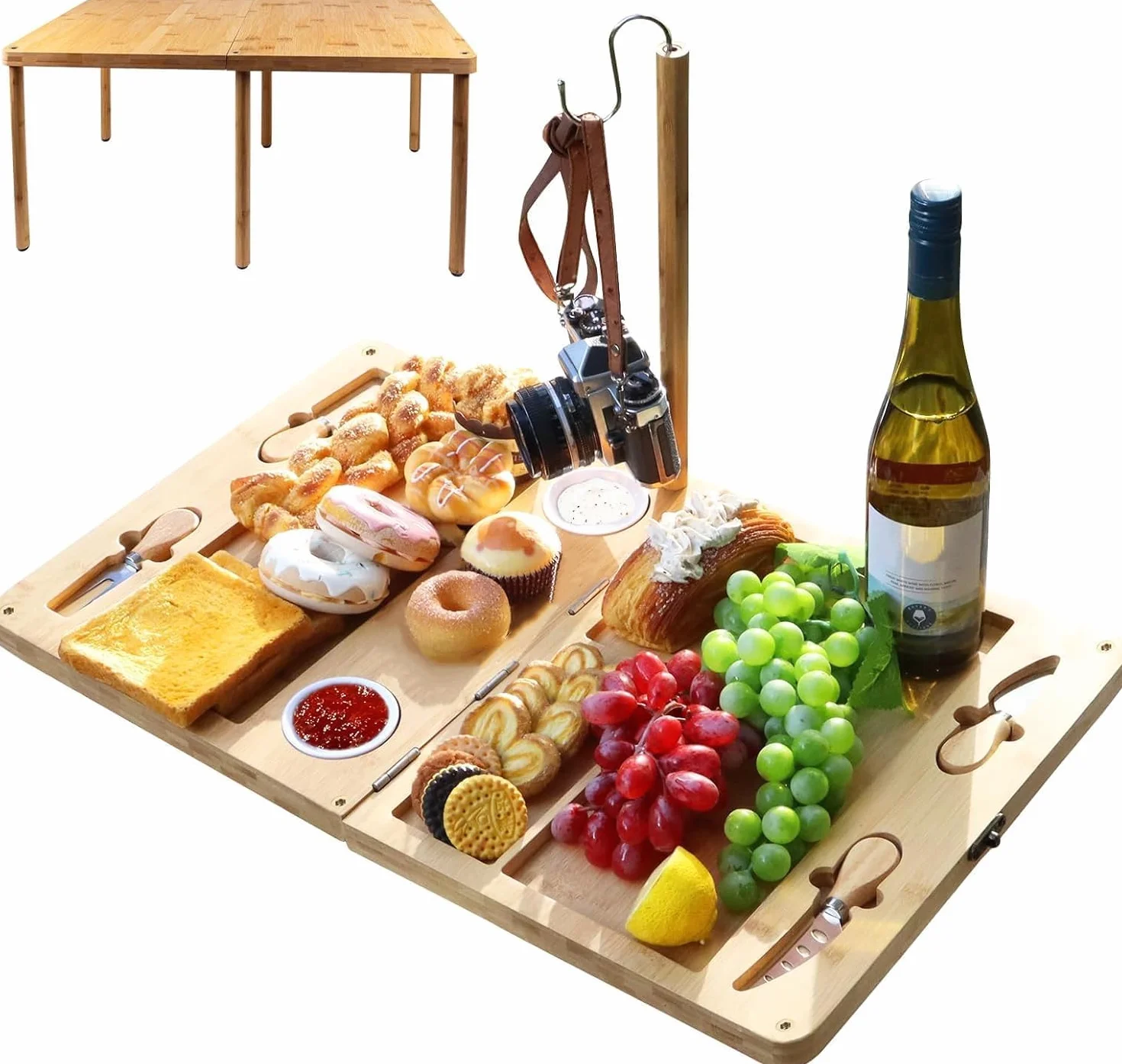 Tabla de charcutería extragrande, bandeja portátil plegable para servir queso, mesa pequeña, juego de cuchillos multiusos, adecuado para exteriores, aniversario de boda, Navidad, regalos de Acción de