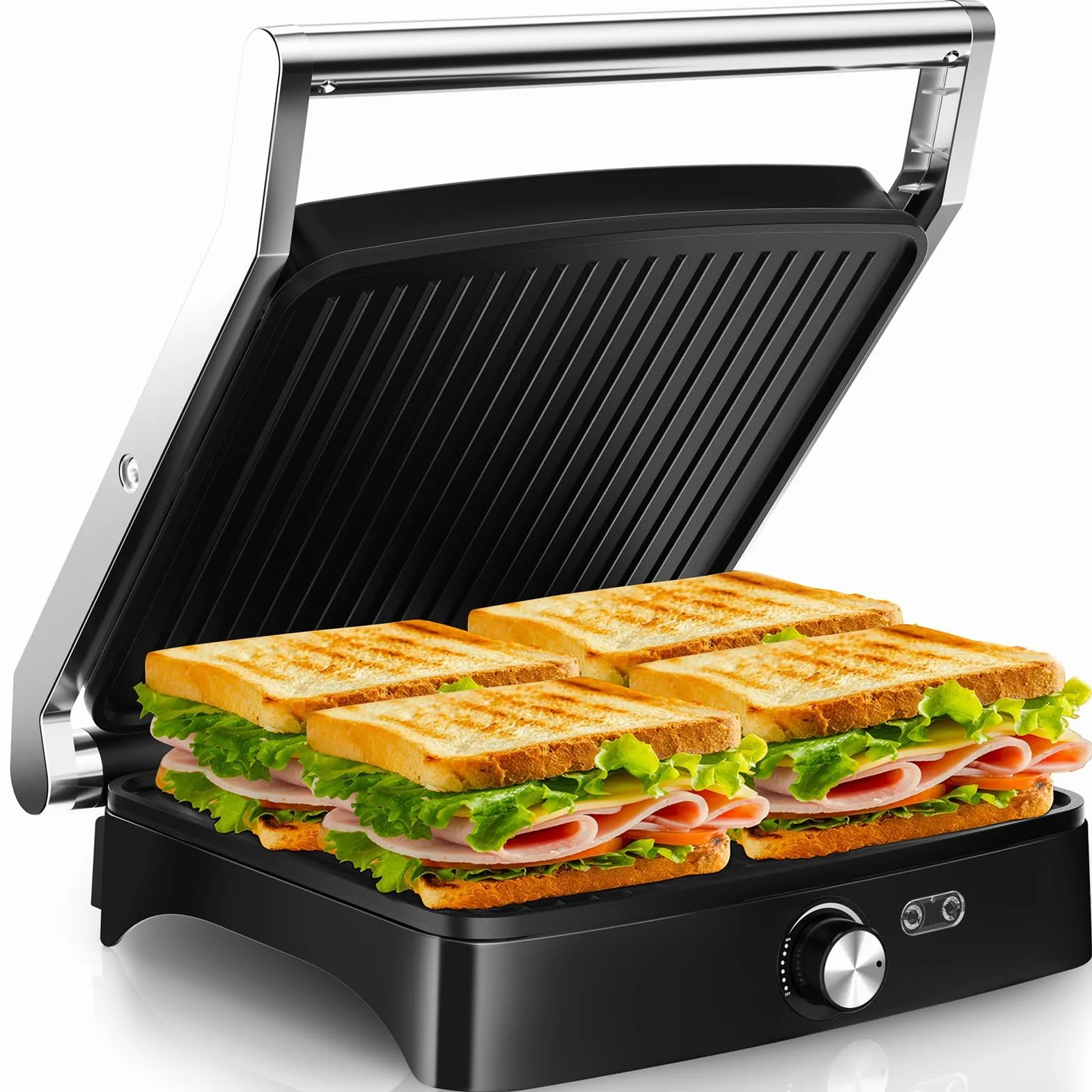 YASHE Parrilla de contacto, sándwich con regulador de temperatura, parrilla de mesa plegable de 180 grados, placa antiadherente, tapa de acero inoxidable, parrilla Panini para sándwich, carne y
