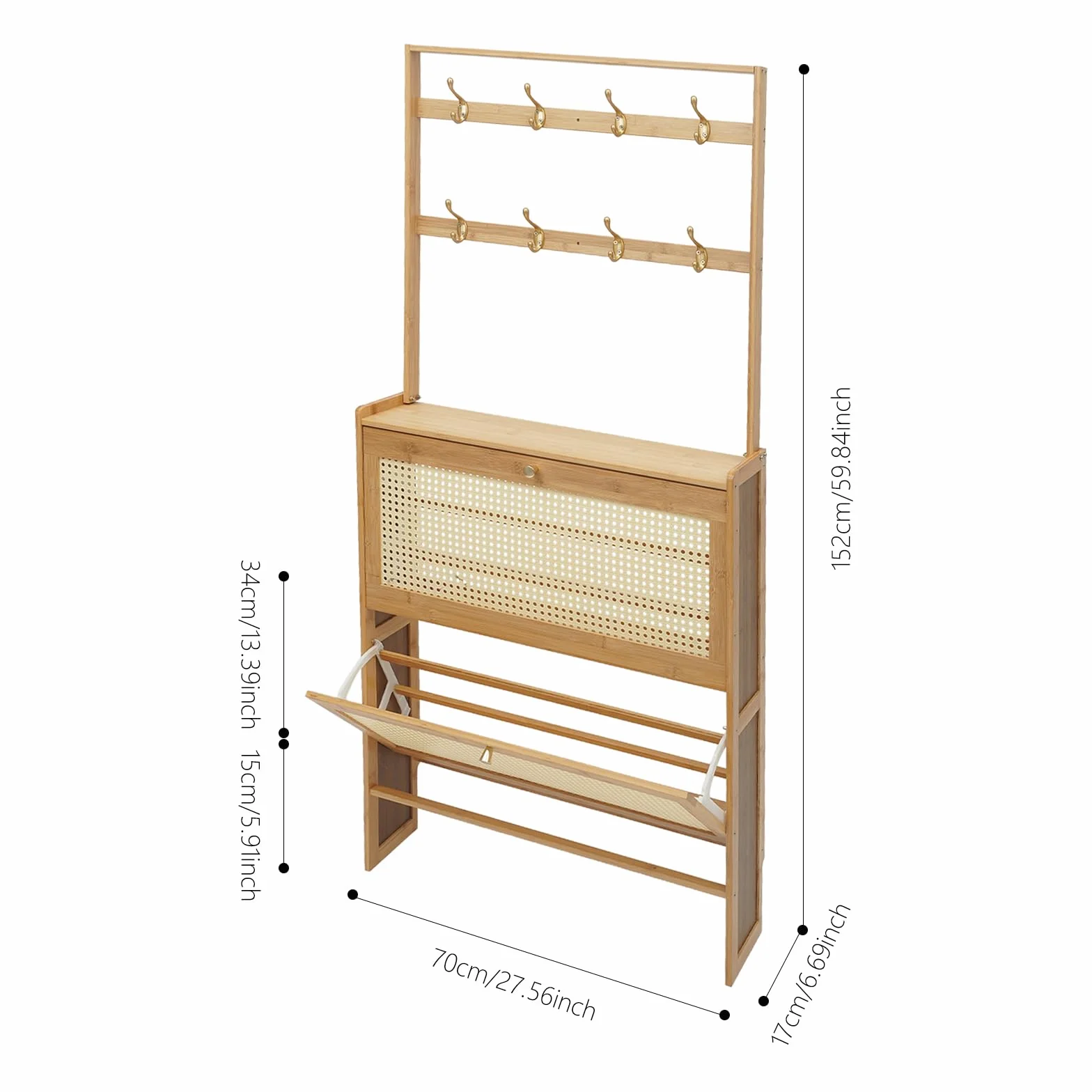 Mueble de zapatos de dos niveles para almacenamiento de zapatos con puerta batiente y ganchos para zapato, bambú, estante de almacenamiento, antipolvo, para entrada/pasillo/familia
