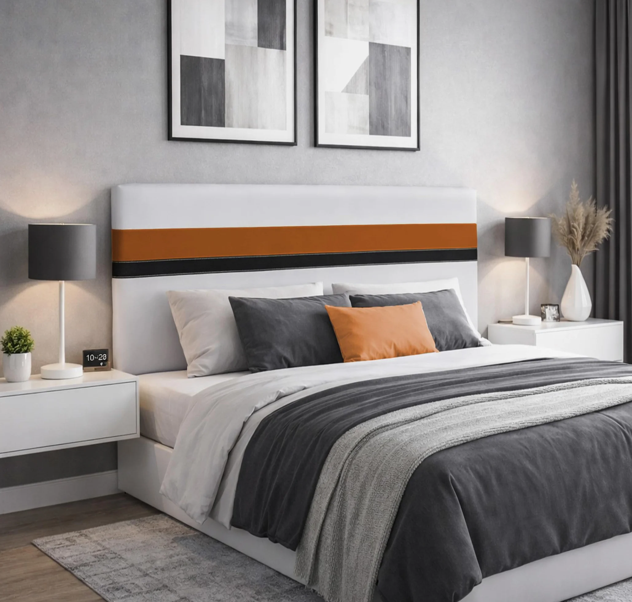 ONEK-DECCO Cabecero de Cama tapizado en Polipiel Mod. Bristol, Acolchado de Espuma,de niño, Juvenil y Matrimonio, Cabezal de Colgar Altura 70cm. (105x70, Blanco-Negro-Naranja)