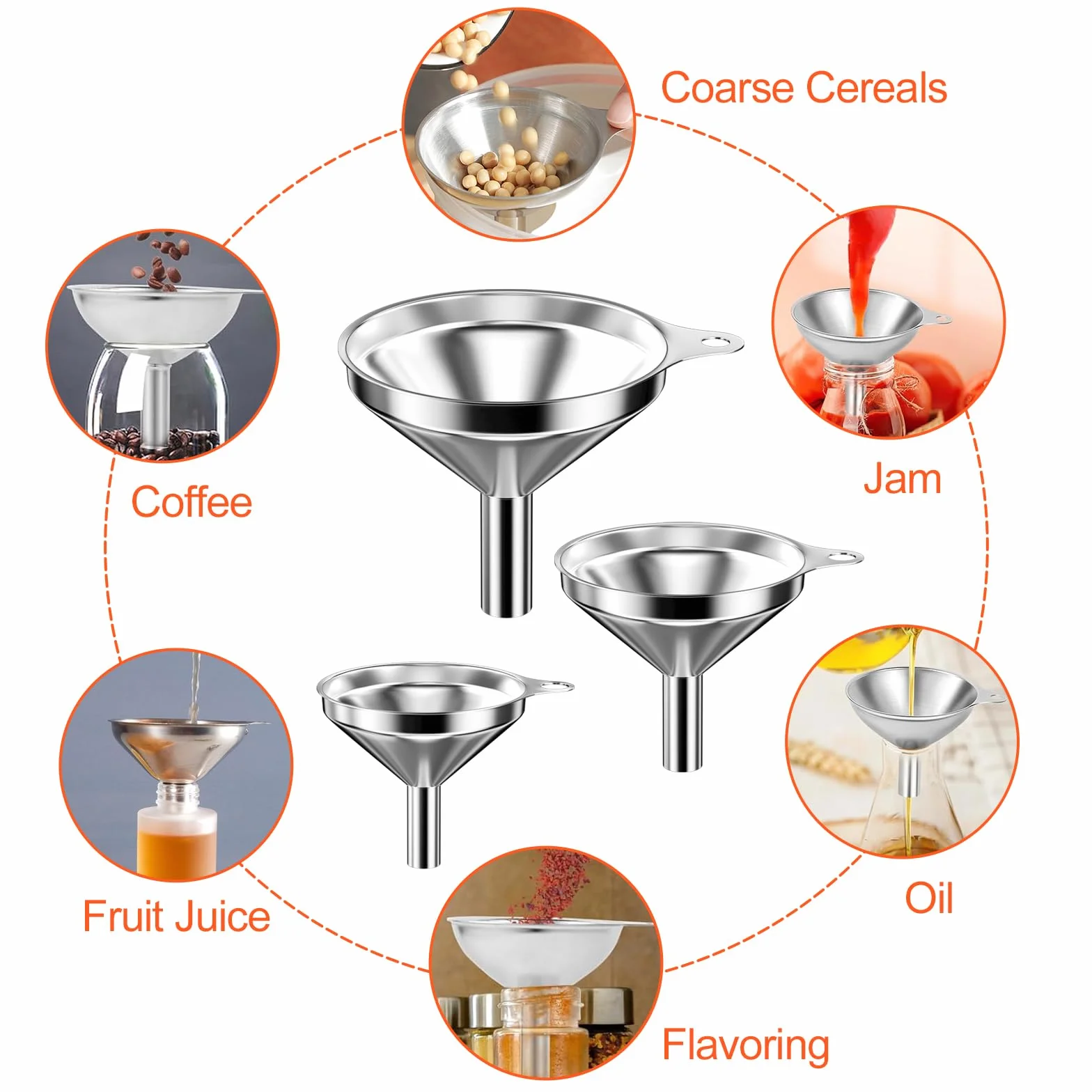 Newpop Set de Embudos de Cocina de Acero Inoxidable 3 Tamaños 4.5/5.5/7.5cm con Cepillo de Limpieza