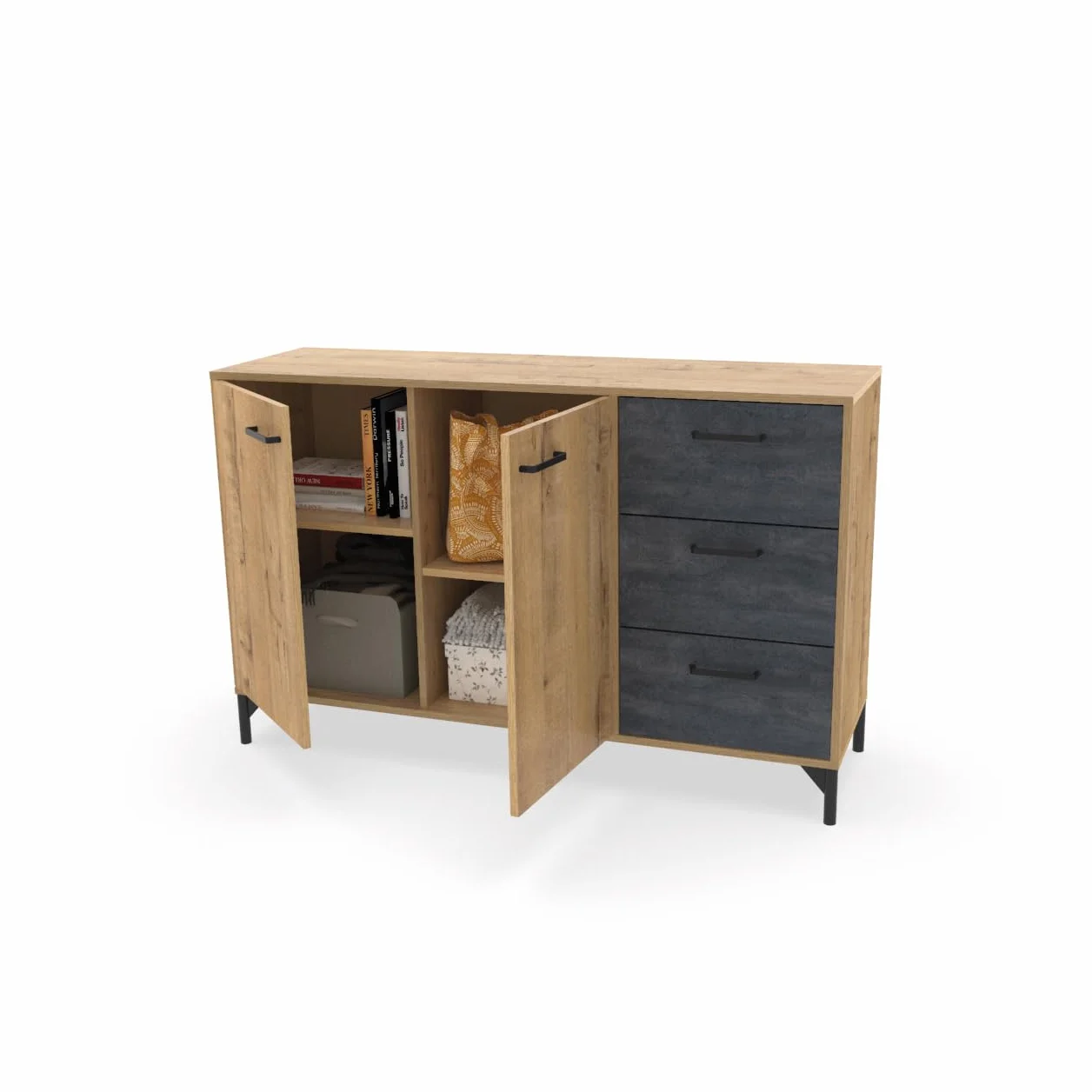 Aparador Salón Comedor, Buffet, Mueble Auxiliar, 2 puertas y 3 Cajones, Roble Gold combinado con imitacón mármol negro, 85x135x40cm, Despensa, Cocina, Despacho, Moderno, Industrial, modelo Nantes