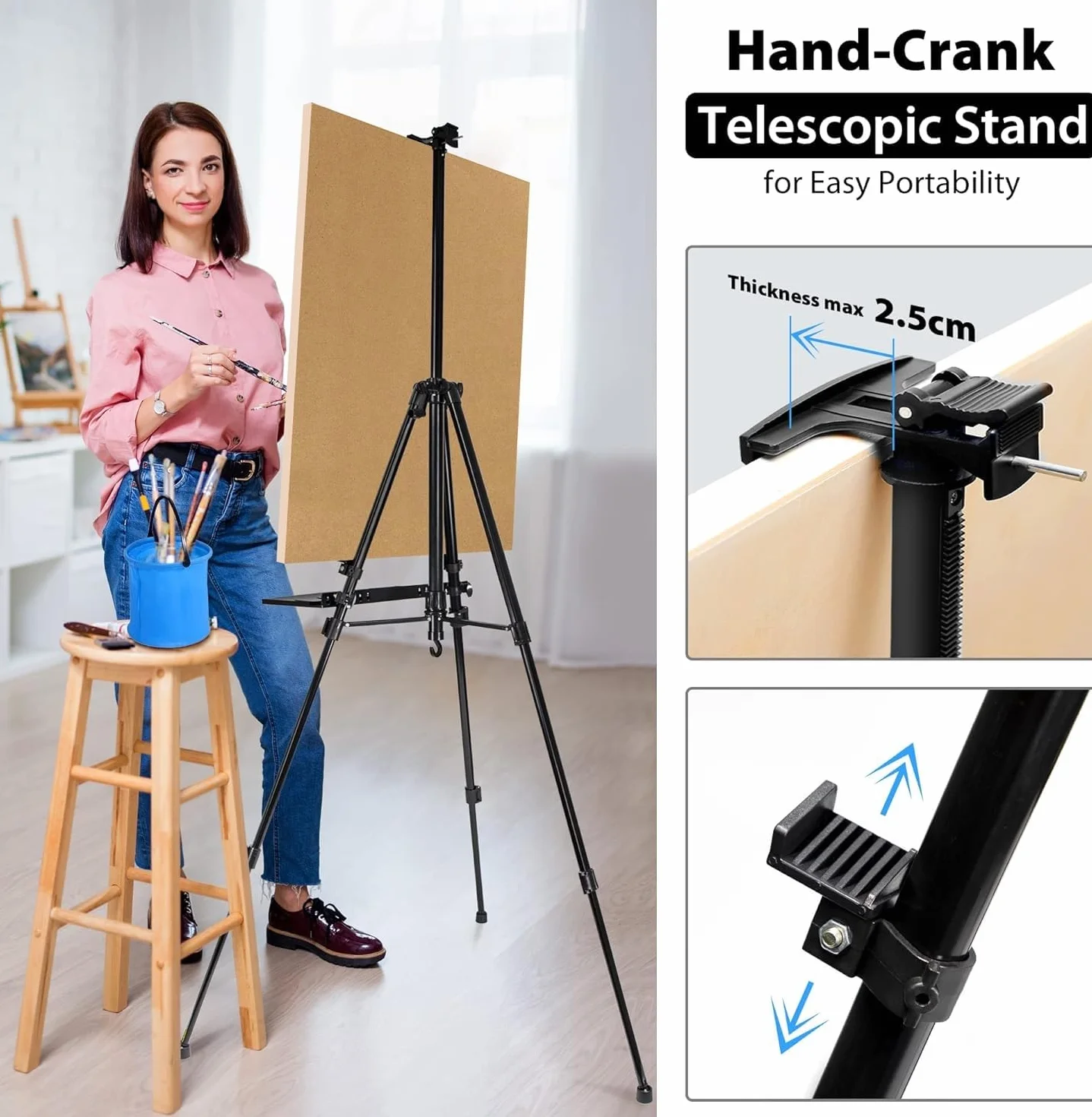 Caballete para pintar, ajustable 50-152 cm, caballete trípode plegable para pintar con bolsa/barril, sobremesa y suelo, Cavalete para Pintar, Boda, Presentaciones,Negro