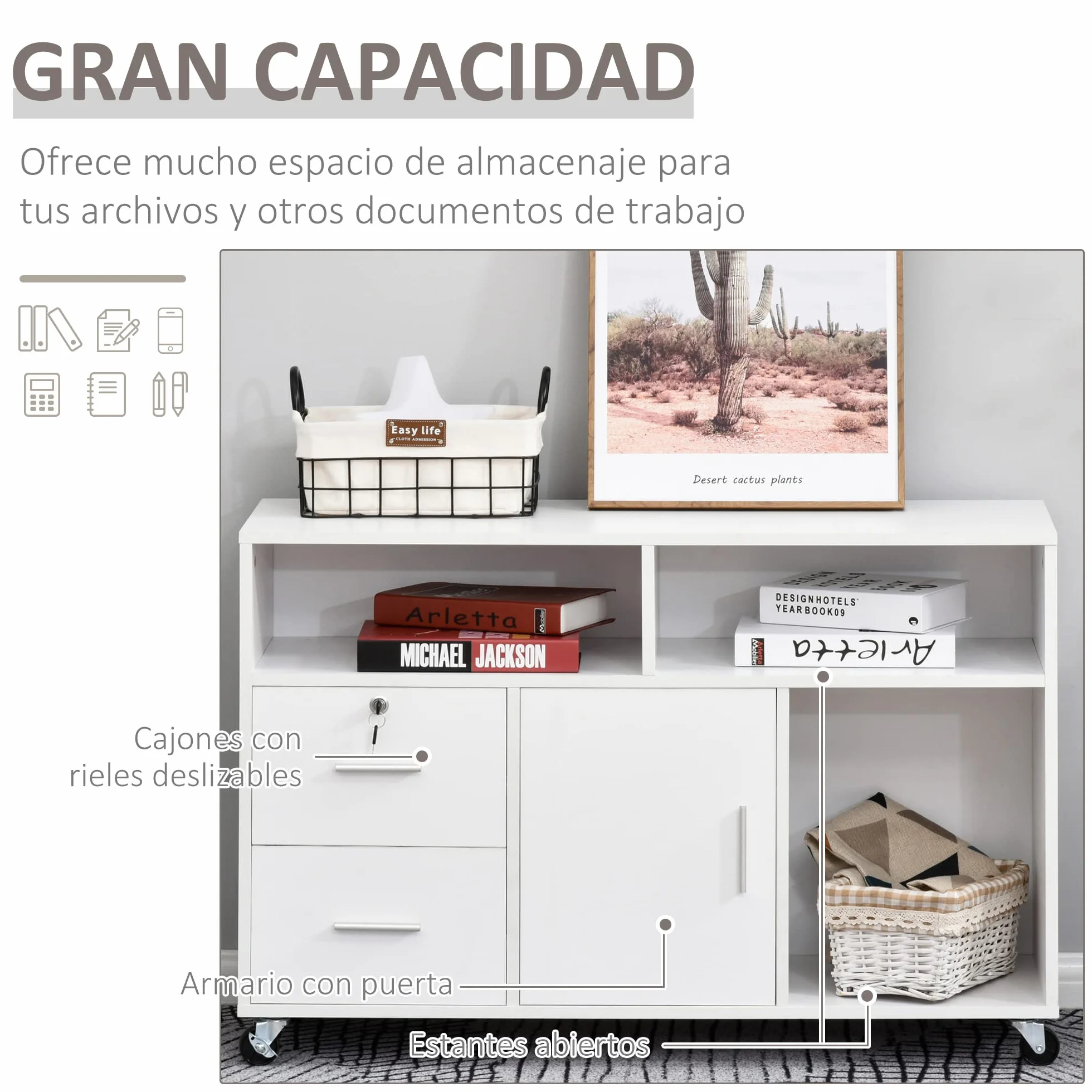 HOMCOM Mueble Auxiliar de Oficina Mueble Archivador con Ruedas Estantes y Cajones Armario Multiusos con Gran Almacenaje 100x35x65 cm Blanco