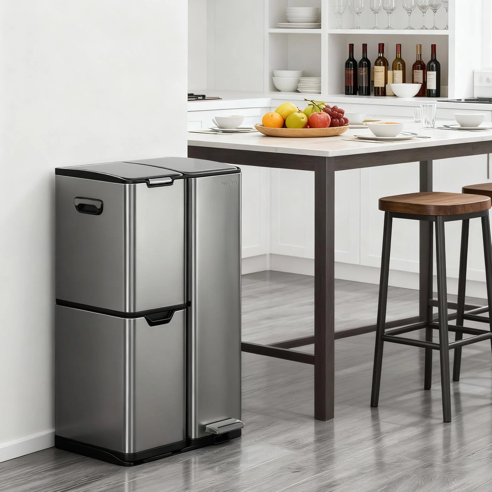 mVm Cubo de Basura Cocina de Acero Inoxidable, 3 Compartimentos 60L con Tapa de Cierre Suave, Contenedor Multifuncional para Separación de Residuos en Casa u Oficina, Gris