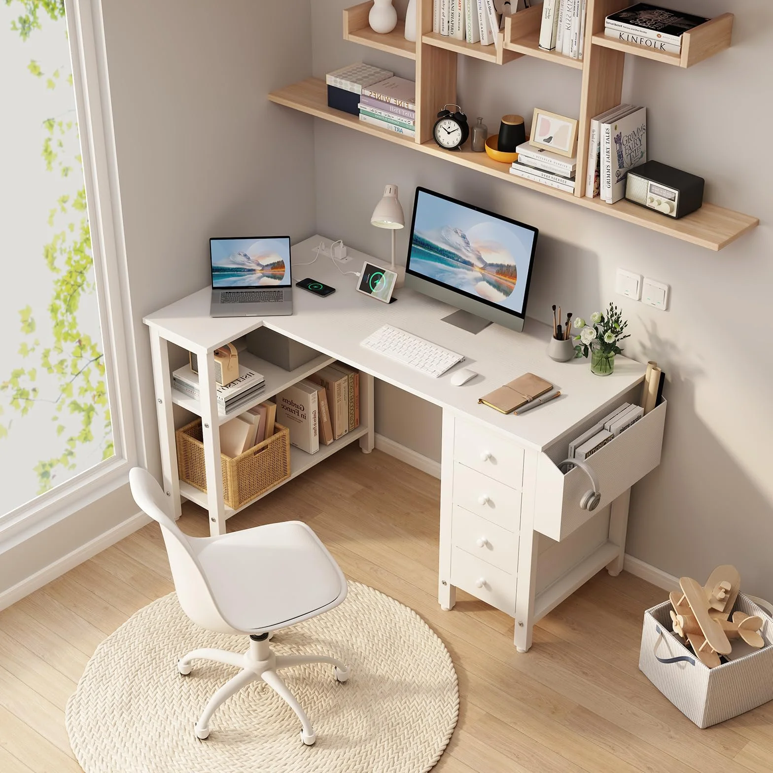 Lufeiya Mesa Escritorio Blanco con Cajones y Enchufes,Escritorio Esquinero con 4 Cajones 120CM Escritorio en l L para Oficina Juveniles Estudio（Enchufes Europea