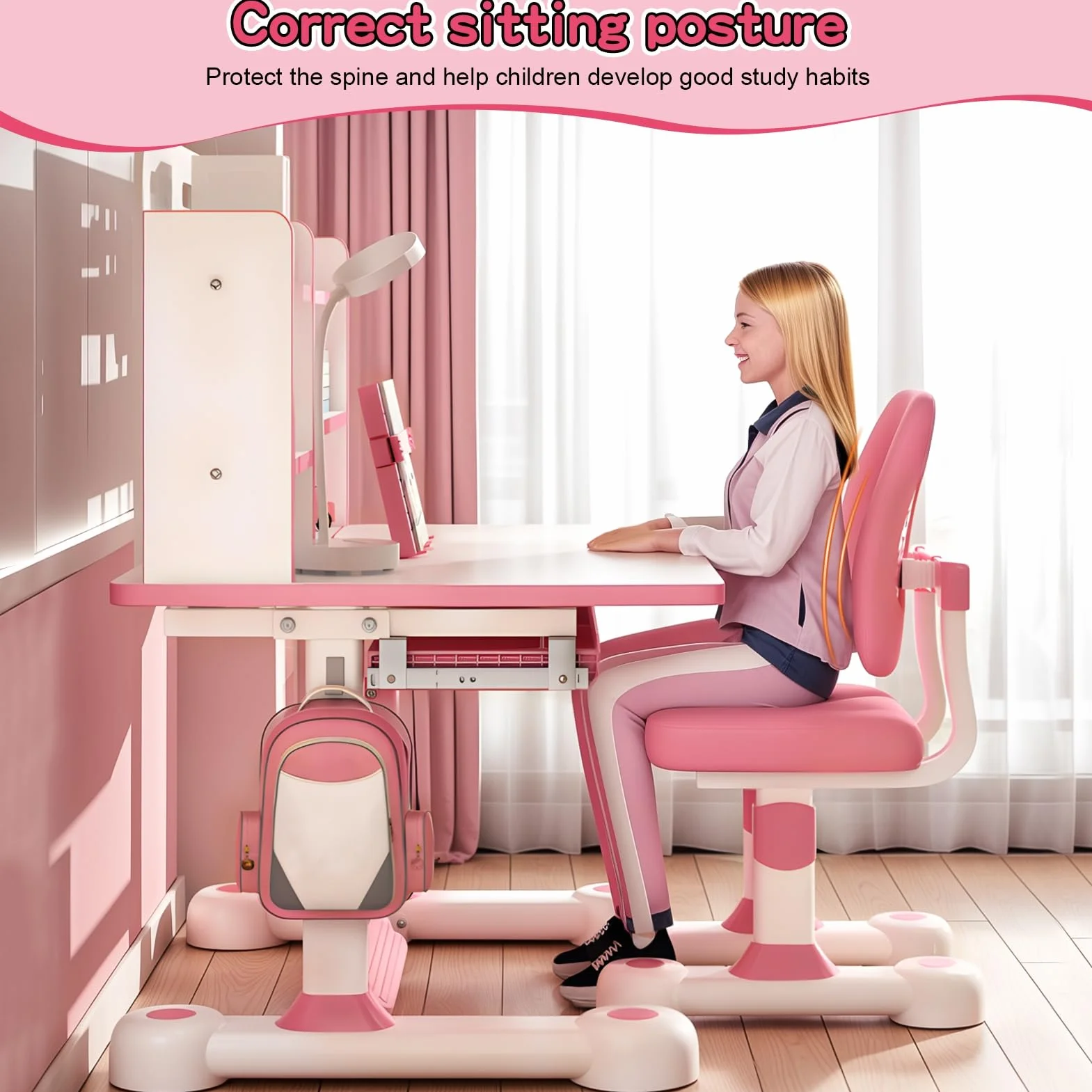 Juego de escritorio y silla de estudio para niños, altura ajustable, silla de mesa de estudio para niños, escritorio escolar con mesa ampliada inclinable, cajones de almacenamiento grandes, estantería