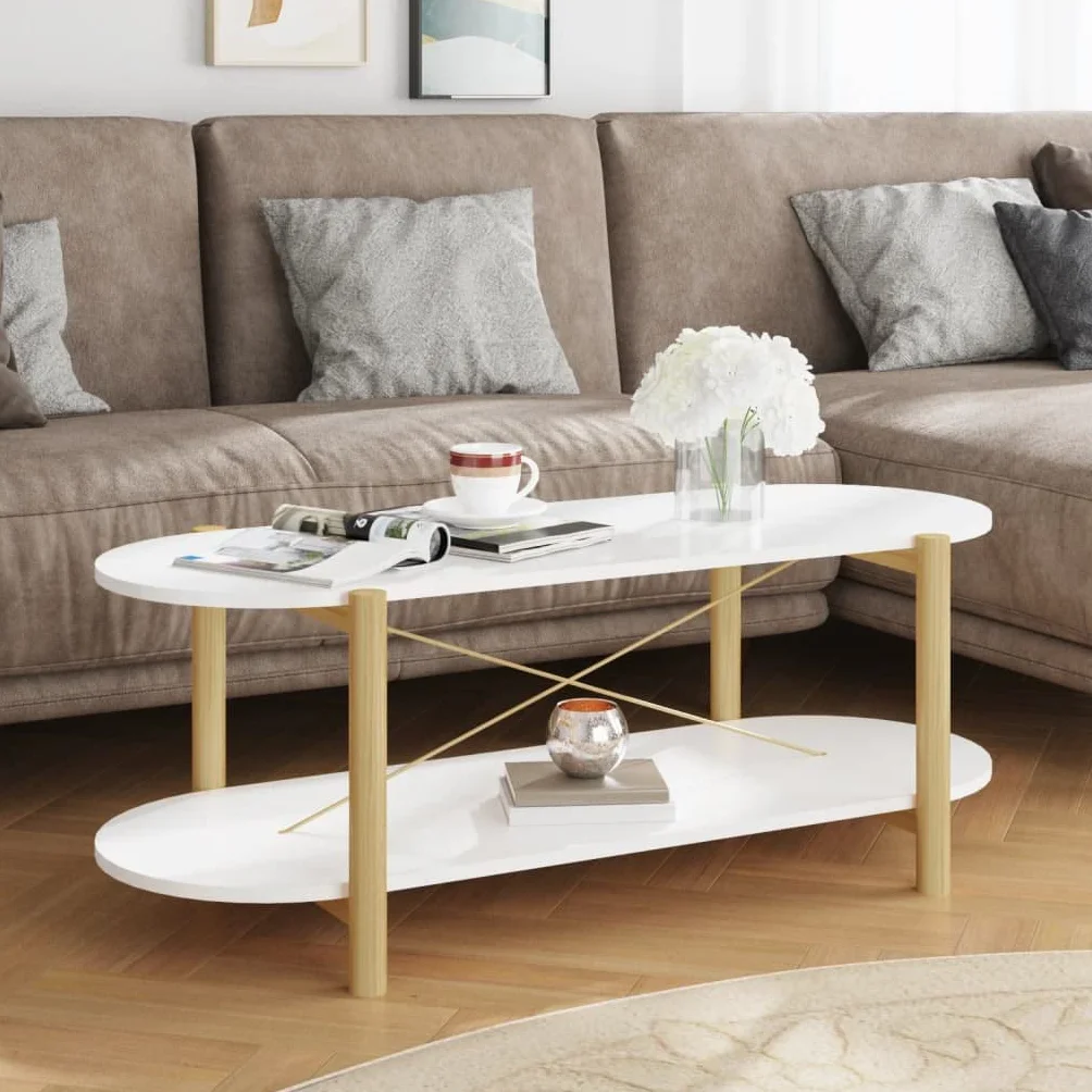 Mesa de centro clásica blanca de madera con patas de madera maciza, 110 x 48 x 40 cm, amplio espacio de almacenamiento y práctico tablero para bebidas y aperitivos, incluye