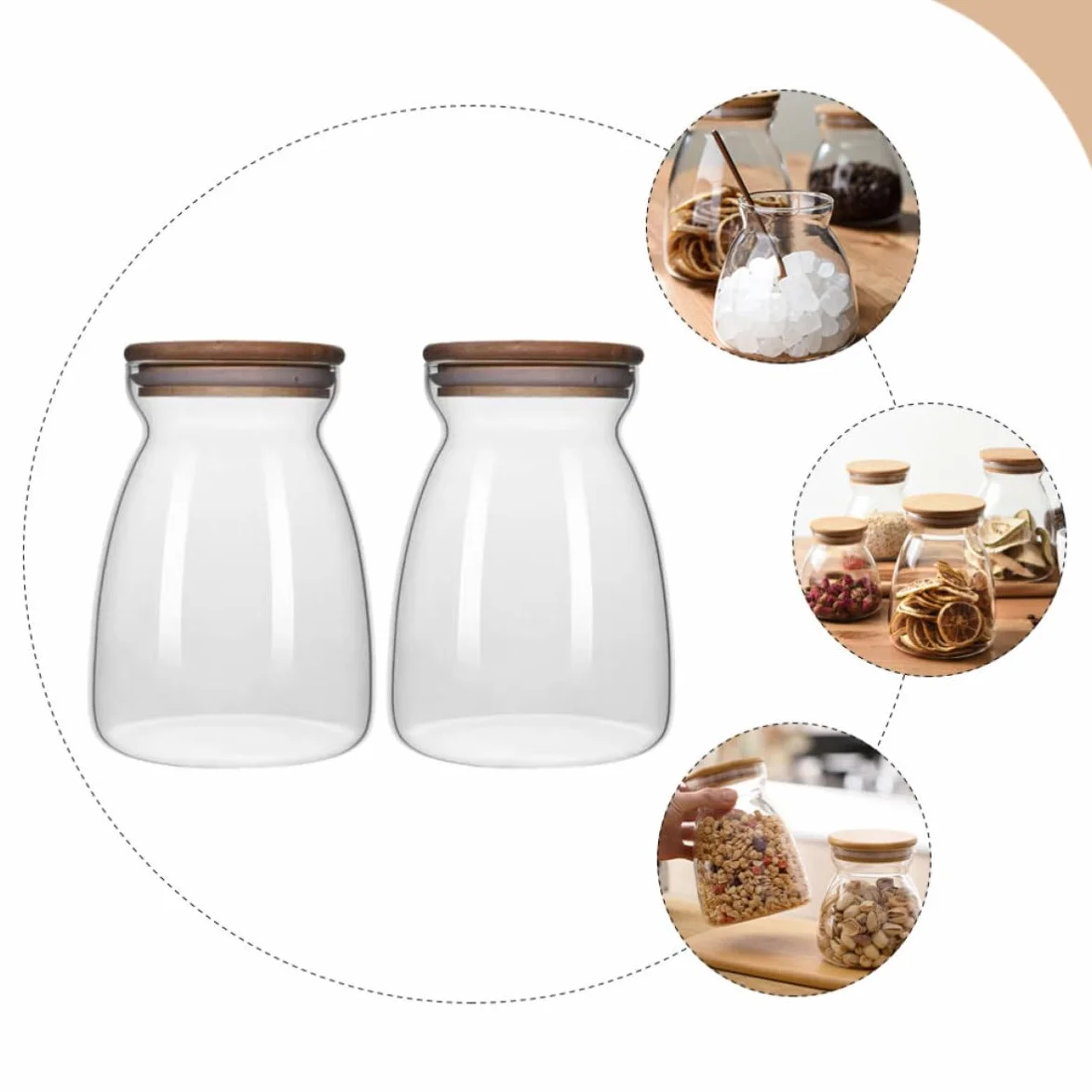 Tarro de Almacenamiento de Vidrio Borosilicato para Alimentos Tapa de Silicona y Madera, Capacidad 1000ml, Pack de 2 para Conservar Snacks y Cereales en Escritorio