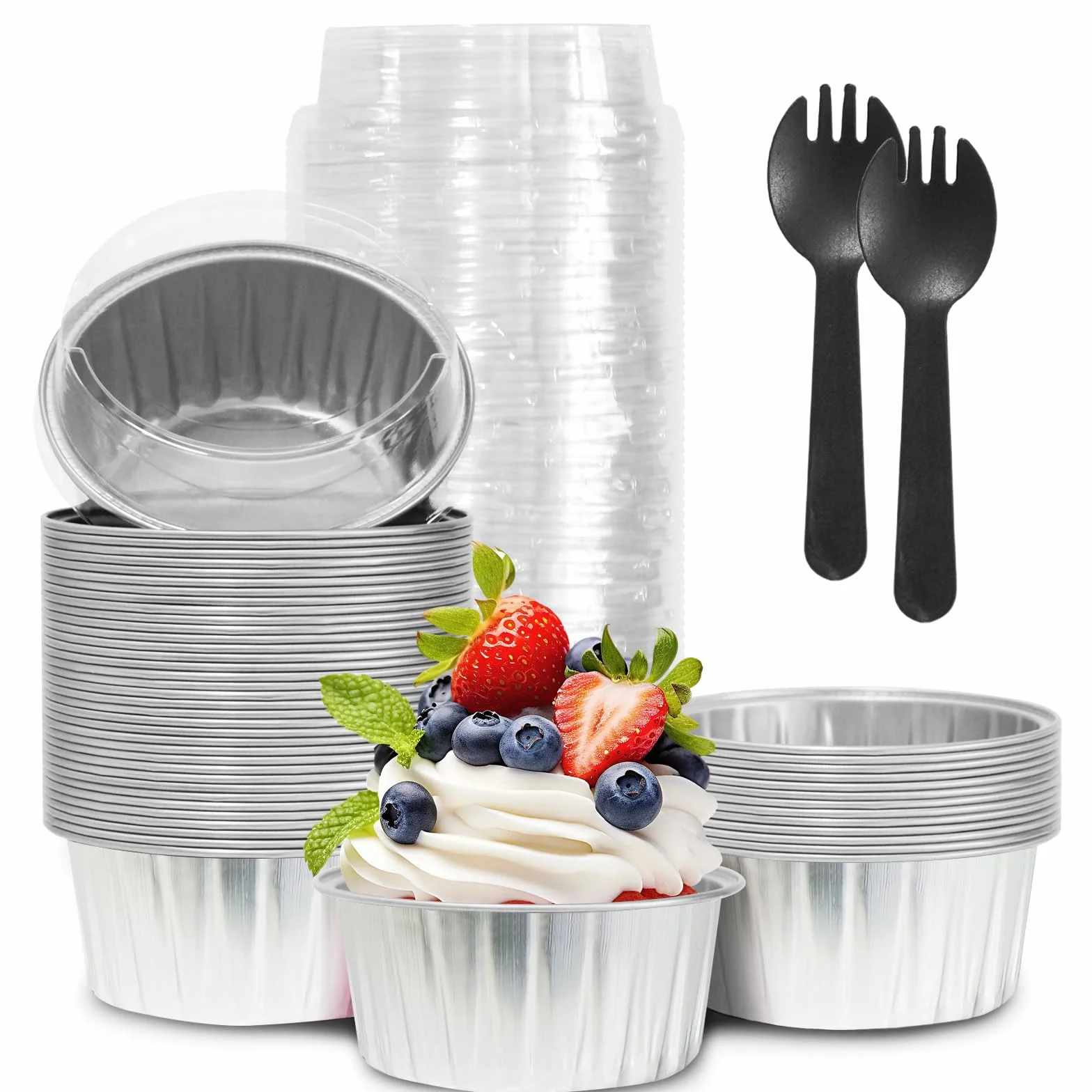 50 mini cupcakes de papel de aluminio, 5 onzas con tapas, mini moldes desechables para pasteles, moldes para pan con tapas, moldes desechables, recipientes de lata para cupcakes, pudín, magdalenas