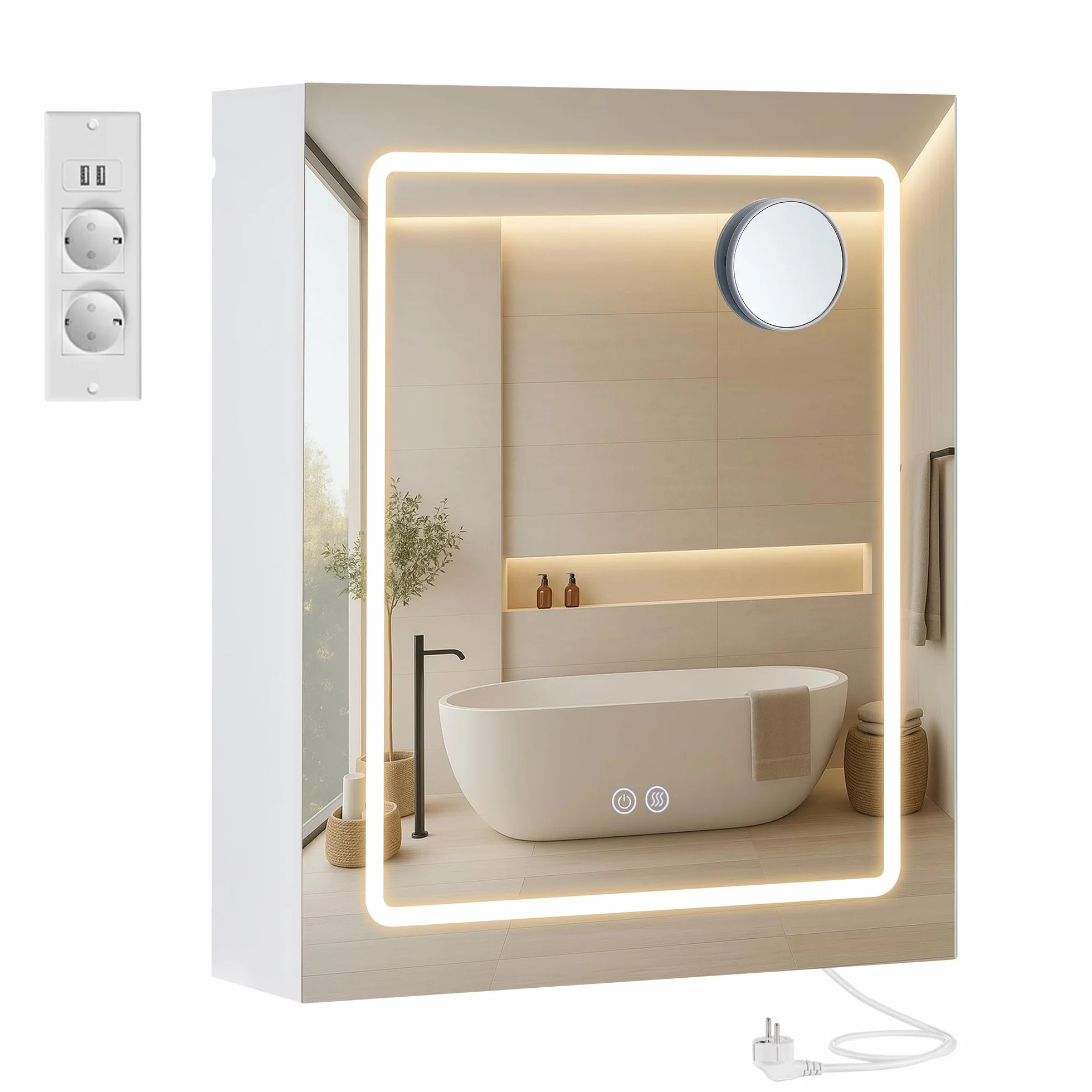 VASAGLE Kailyn Colección - Armario de Pared para Baño con Espejo, con LED, Multienchufe, Función Antivaho, Espejo de Aumento 10x, Estilo Moderno, 16,5 x 50 x 60 cm, Blanco BBK133W01