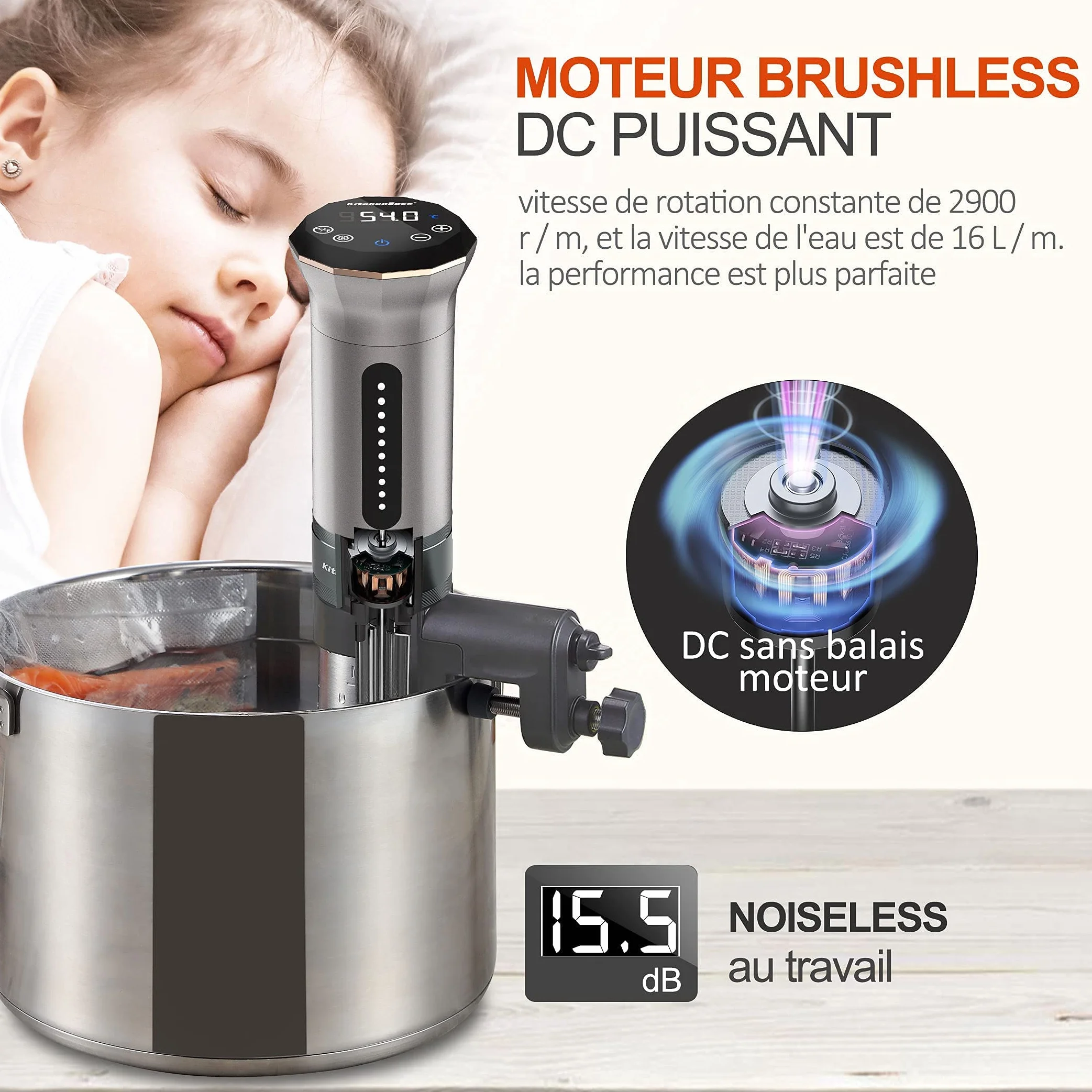 KitchenBoss Sous Vide Stick 1100 W: IPX7 resistente al agua Sous Vide Garer, ciculador de inmersión con pantalla LED y termostato ajustable para una cocción precisa, acero inoxidable plateado