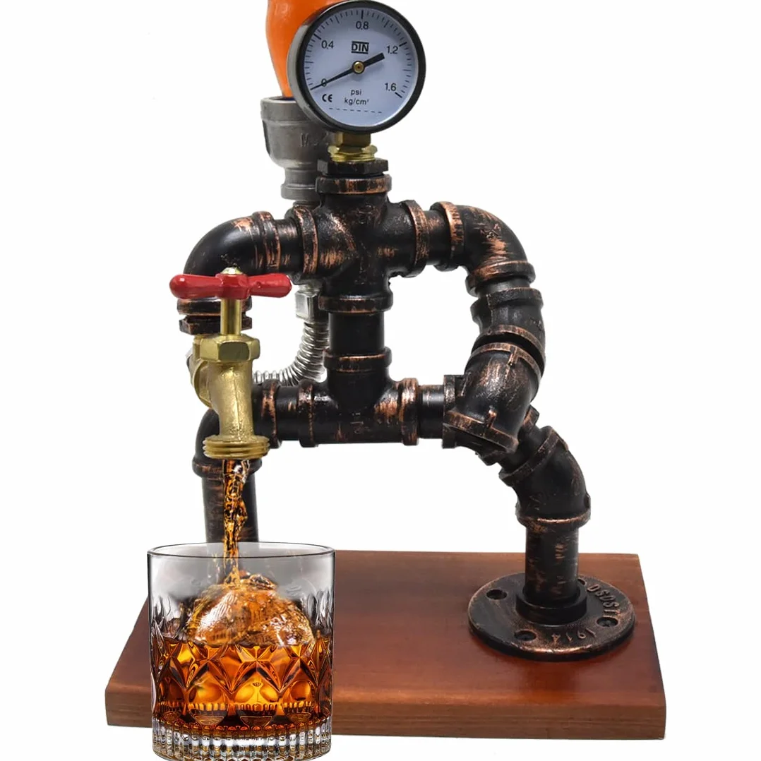 Steampunk - Dispensador de licor para decoración de pipa, soporte industrial para whisky con accesorios de barra de estilo rústico para el hogar, bar, arte
