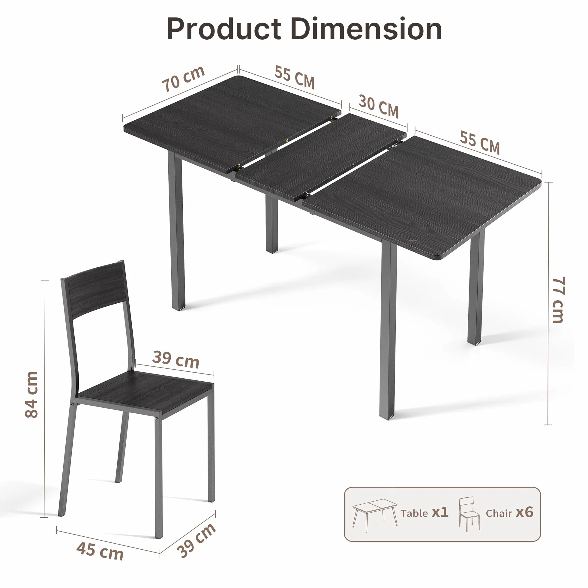 Xbro Conjunto Mesa y Sillas 6 Personas Extensible, Mesa Comedor con 6 Sillas, Ahorro de Espacio, Estructura Metálica Estable, Fácil de Montar, Cocina Comedor 110–140 cm