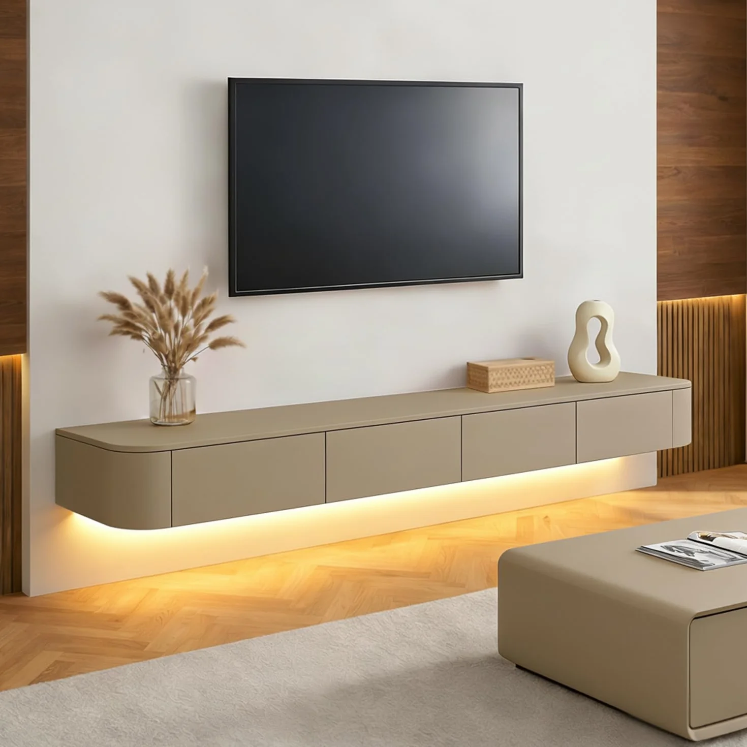 Mueble TV Suspendido Moderna con luz LED | Consola de Medios de Entretenimiento Montada en la Pared | Banco de TV con Gran Capacidad de Almacenamiento para Sala de Estar y Oficina (Caqui, 220cm)