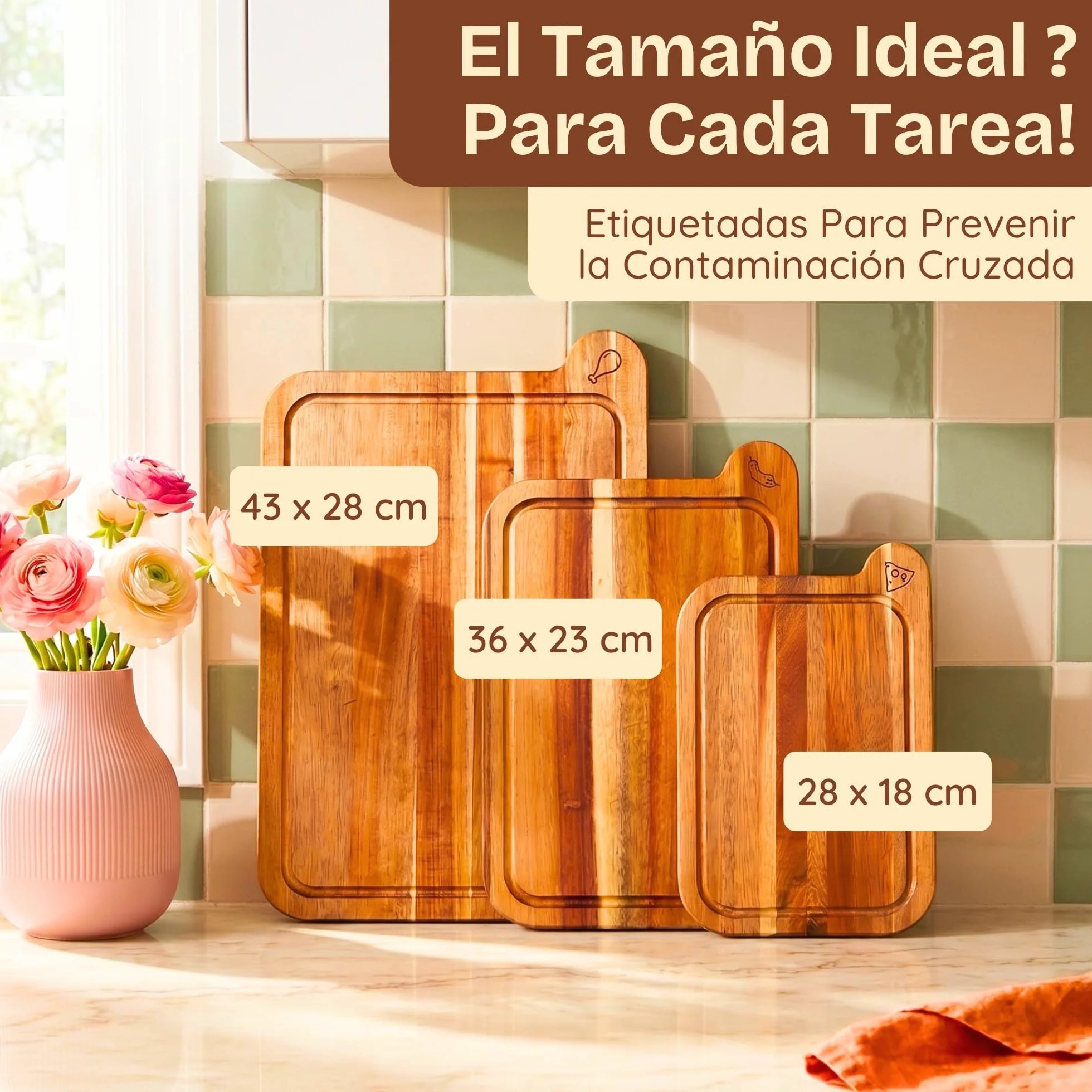 Tablas de Cortar de Madera de Acacia FSC Set 3 No Tóxicas Ziruma