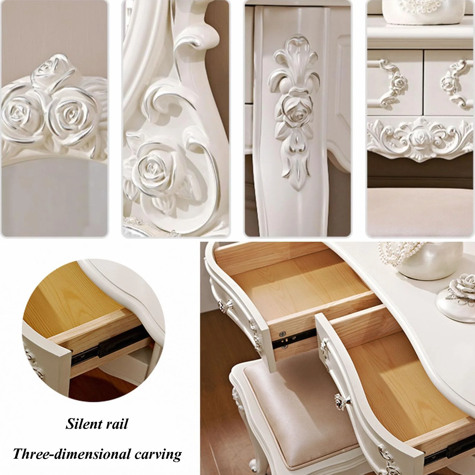 Juego de tocador y mesa de estilo europeo, taburete tapizado, mesa de maquillaje con 4 cajones, muebles de dormitorio para niñas, regalo elegante para mujeres