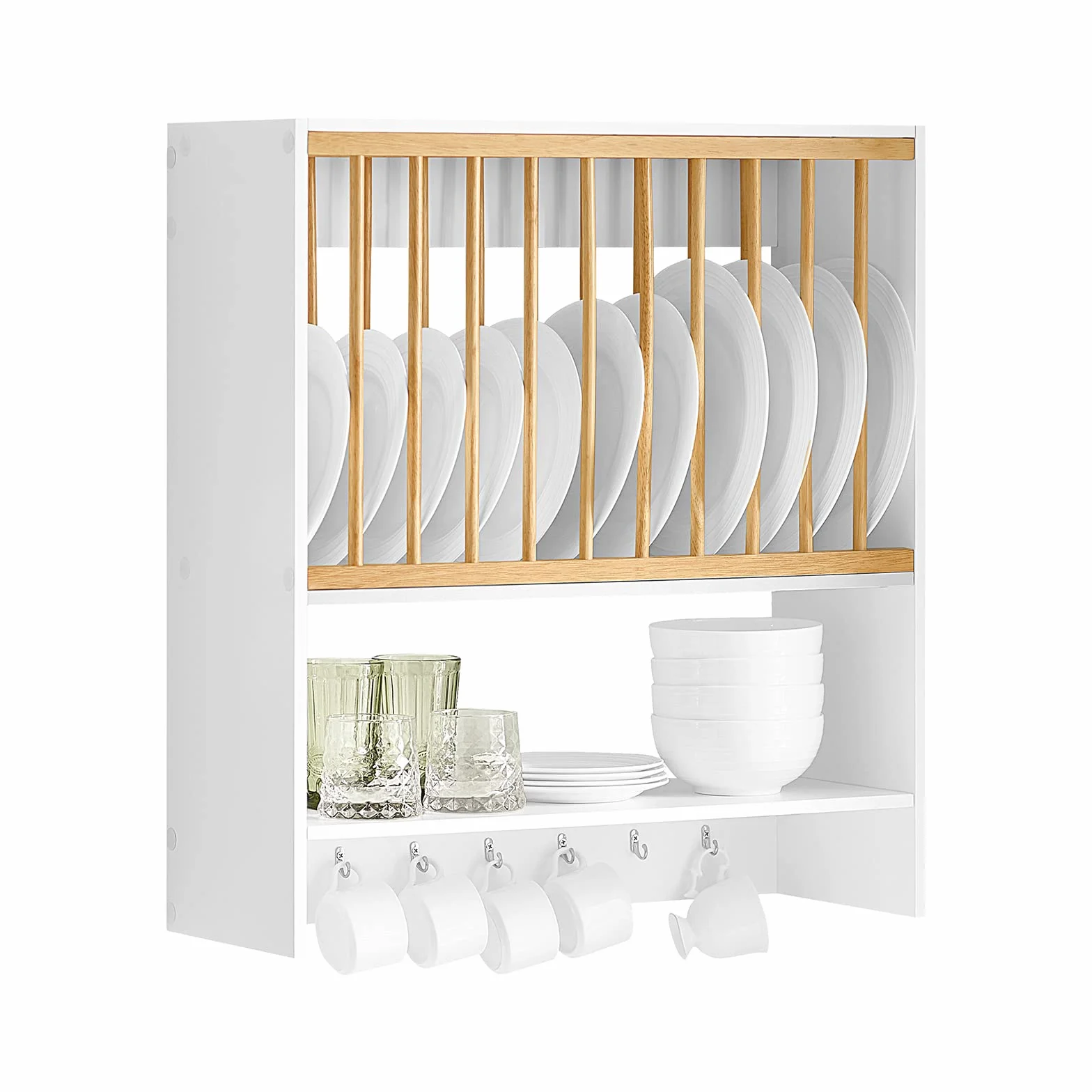 SoBuy Escurreplatos Blanco de Pared para 11 platos, 7 ganchos, 64x71x24cm | Soporte para Platos con estante adicional, seca vajilla & ahorra espacio, carga 10 kg, MDF/madera, cocina & comedor, KCR09-W