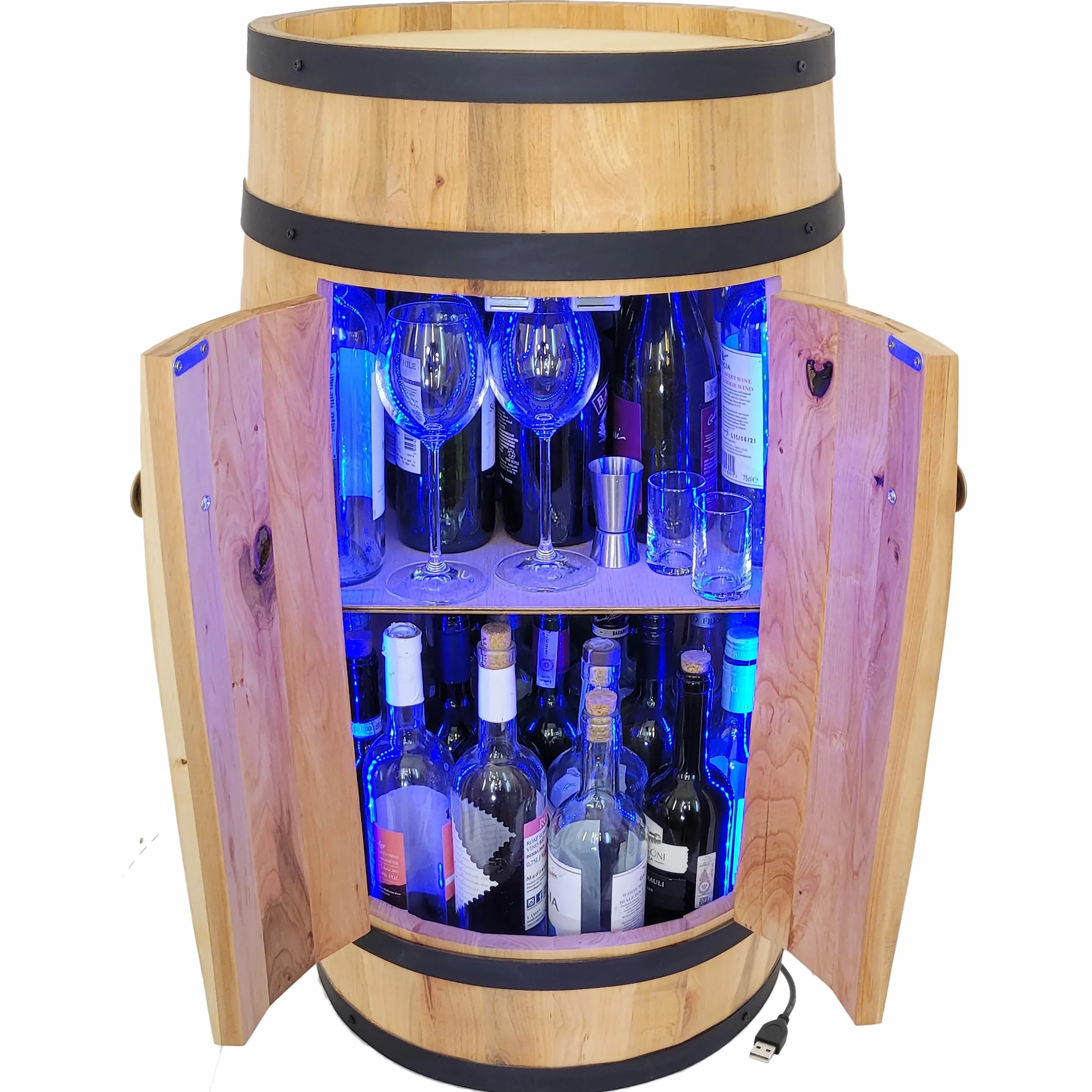 weeco Barril de madera con 4 ruedas, puertas e iluminación USB RGB. Estantería de madera de barril. Madera de haya fuerte y refuerzos de metal – Armario para casa o bar, decoración de salón moderno