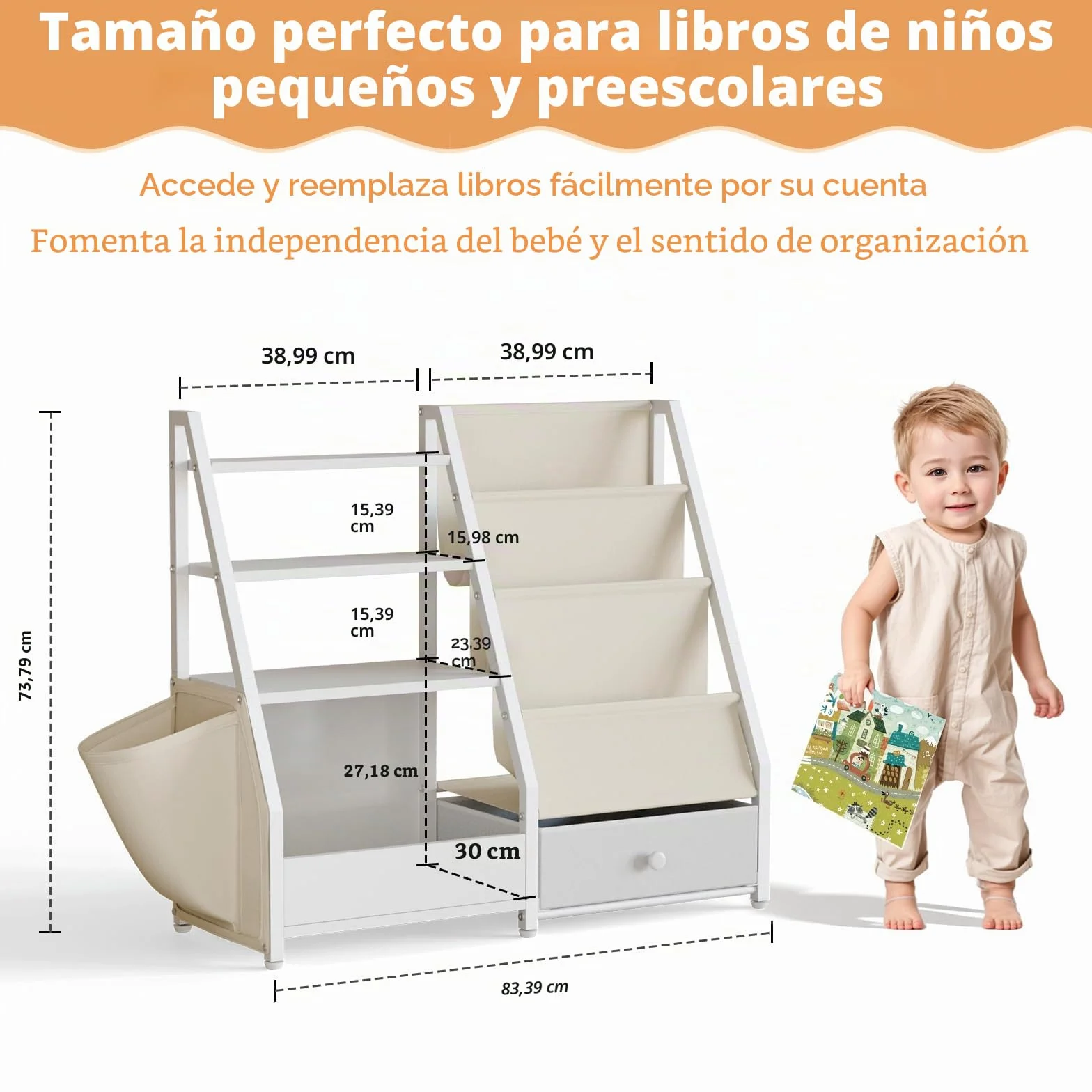 Estantería y almacenamiento de juguetes, estante para libros y guardería, organizador Montessori, color blanco