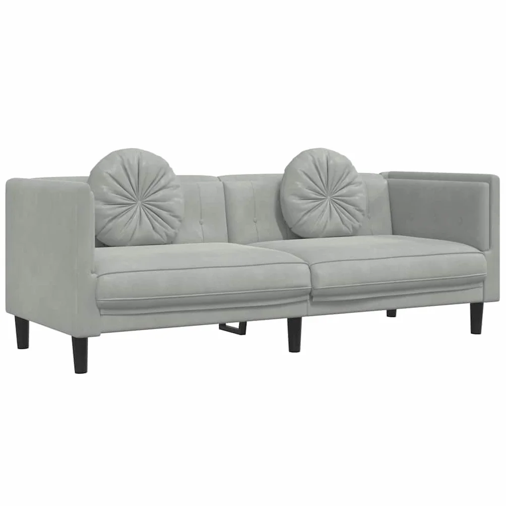 Sofá de 3 plazas con cojines en terciopelo gris claro, sofá de lujo suave para salón con acolchado cómodo y patas de apoyo estables