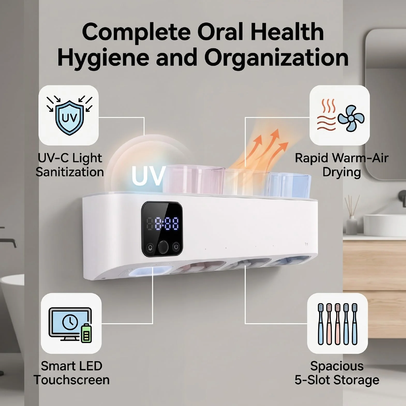 Goshyda Soportes para Cepillos de Dientes para Baño, Desinfectante Inteligente para Cepillos de Dientes y Soporte con Ventilador Integrado de Secado Rápido, Montado en la Pared con 3