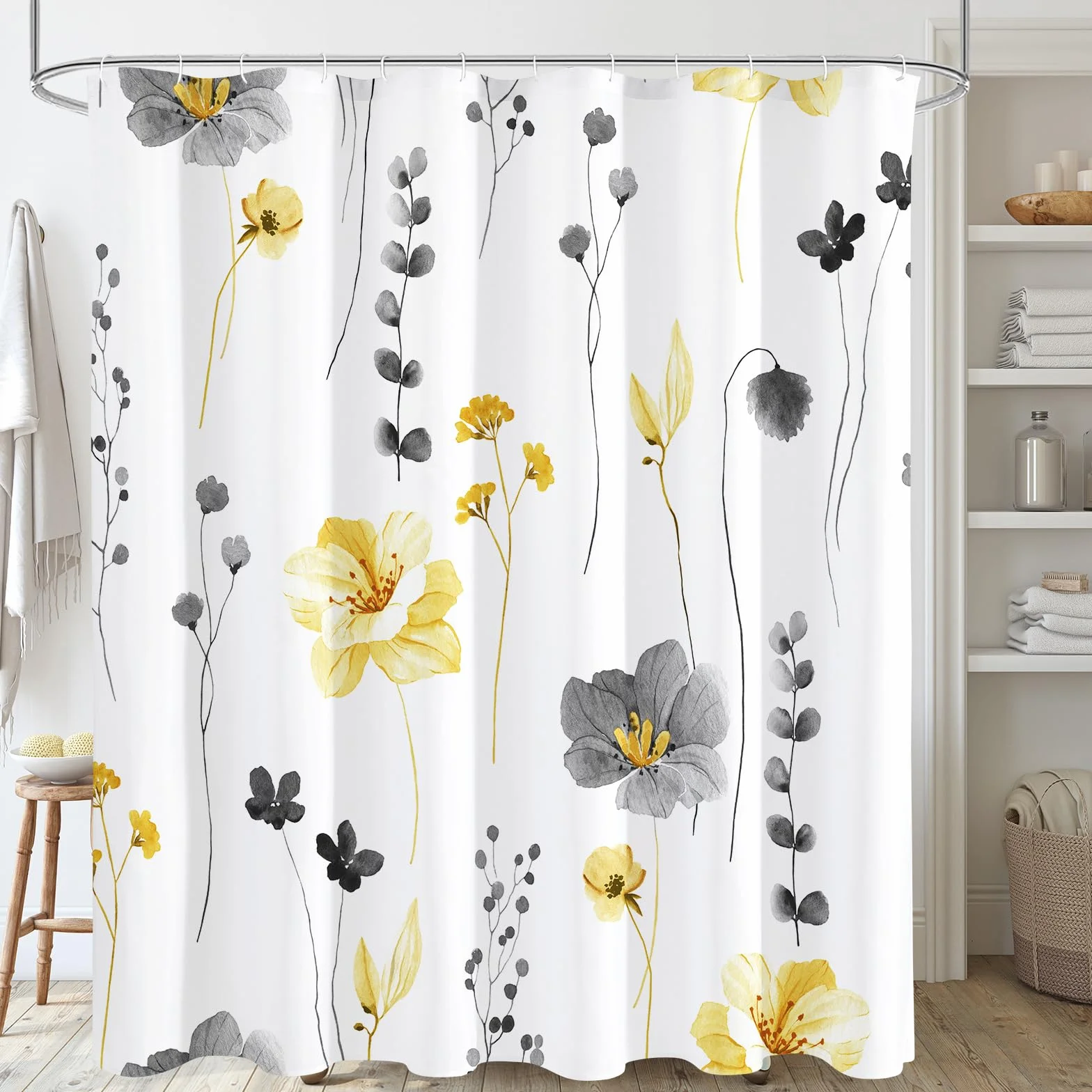 Gibelle Cortina de Ducha Floral para baño, Cortina de Ducha de Flores de Acuarela Amarilla y Gris, Moderna Cortina de Ducha de Tela Blanca Minimalista Impermeable con Ganchos, 72 x 72 Pulgadas