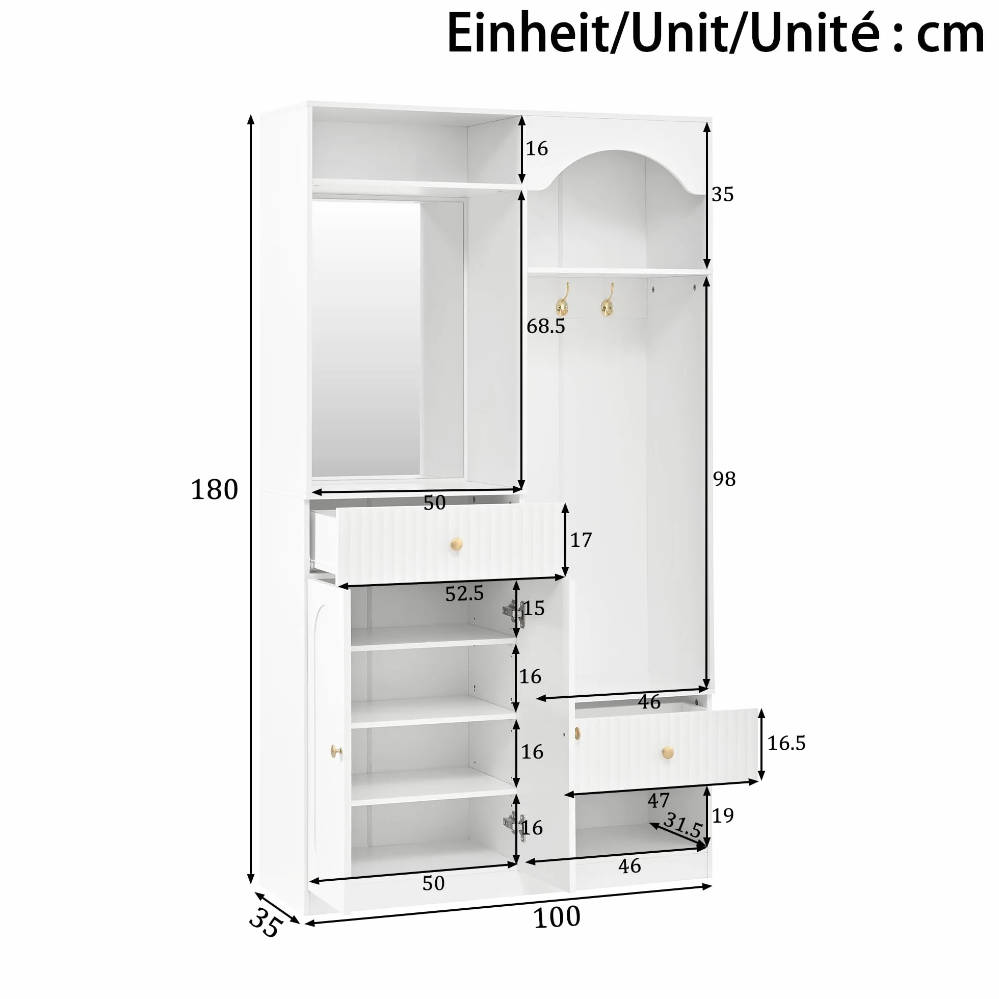 Perchero compacto con espejo, banco y zapatero, con gancho, juego de muebles de pasillo, color blanco