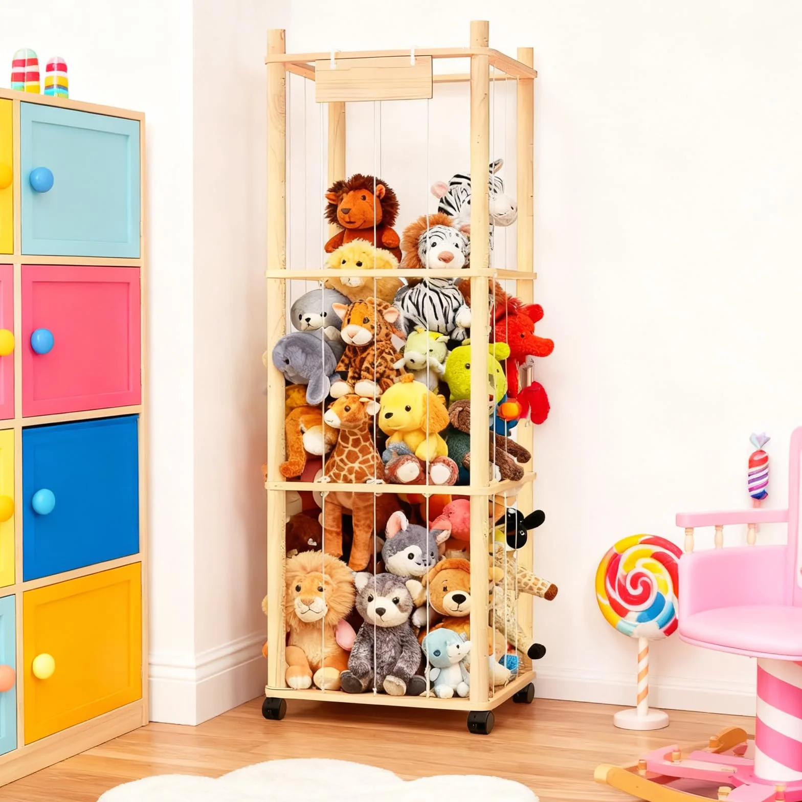 Organizador de Peluches de Madera con Ruedas 360° y Frenos Almacenamiento Juguetes Infantil