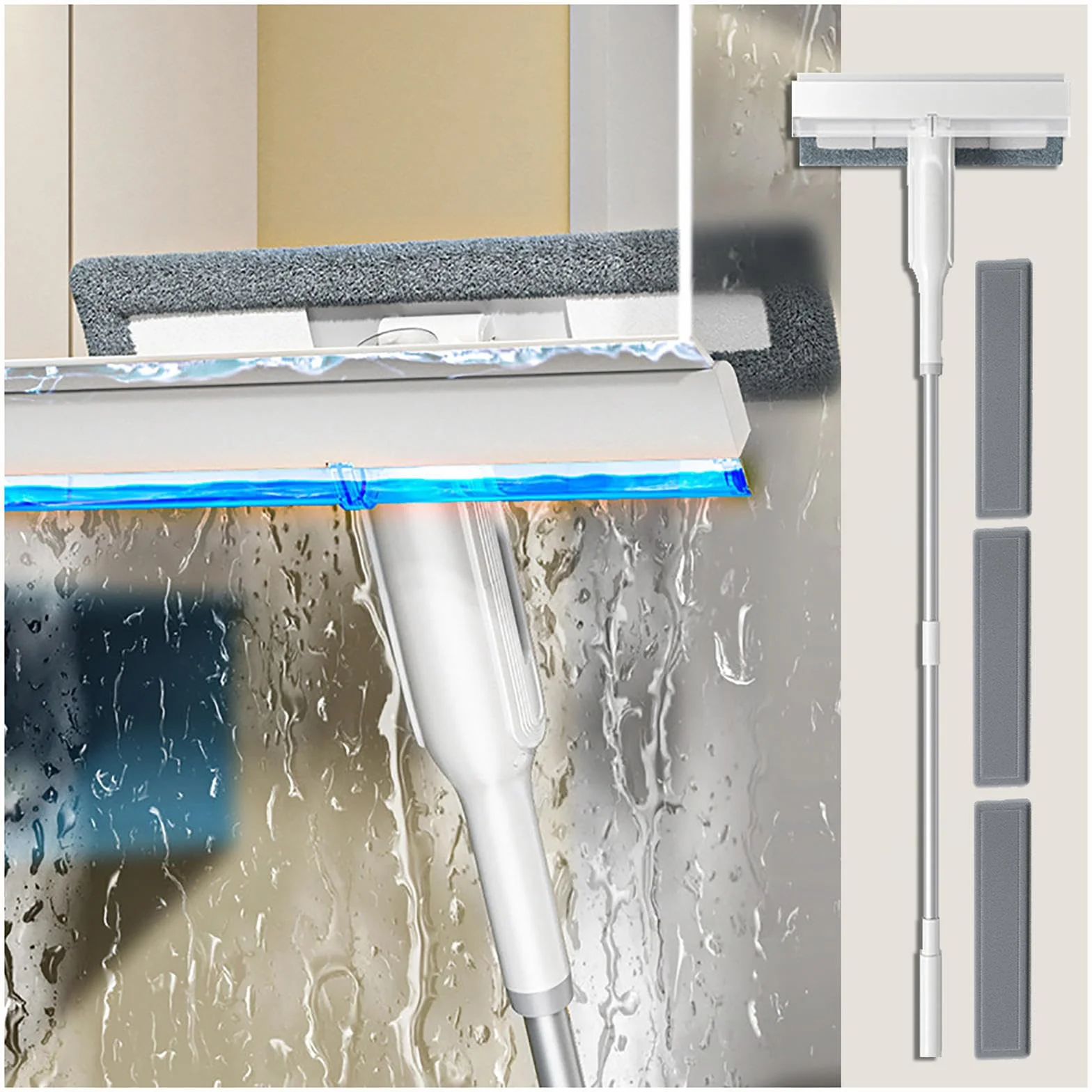 4 en 1 Spray Limpiador De Cristales con Colector De Aguas Residuales Y 3 Paños Microfibra, Limpiador De Cristales con Varilla De Extensión para Baños,Ventanas,Espejos