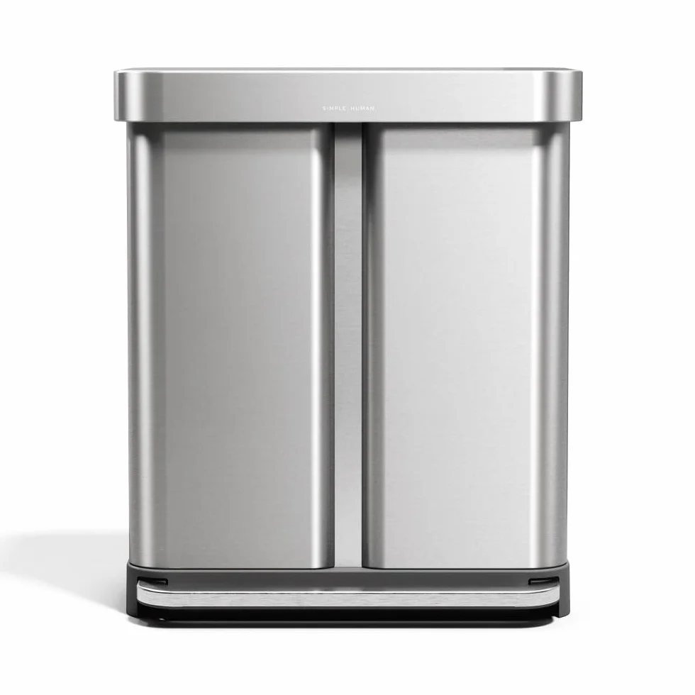 simplehuman CW2209 cubo doble compartimento con pedal y almacén de bolsas de basura, acero inoxidable cepillado con tapa de plástico gris, 58 L (34/24)