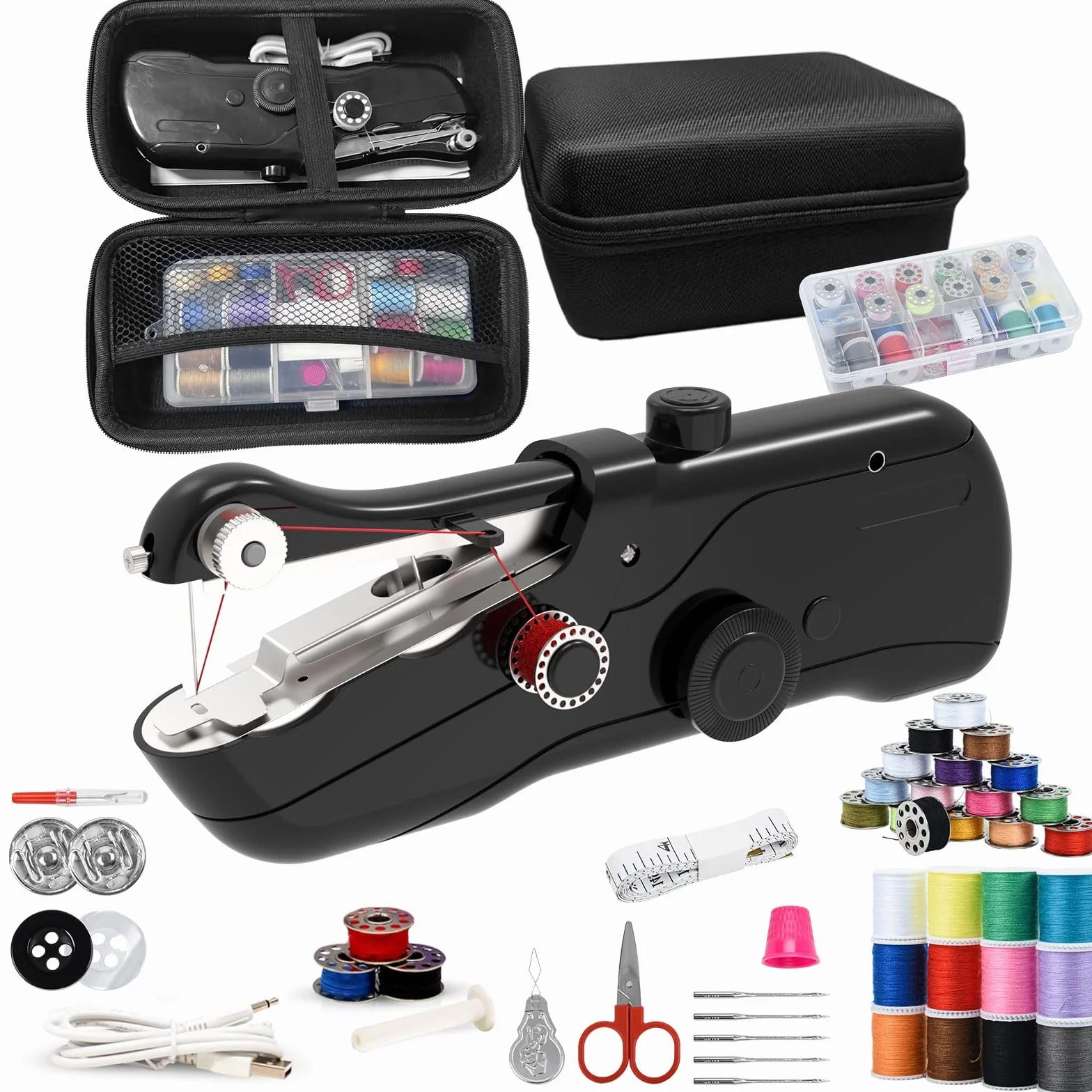 Kit de costura para principiantes con máquina de coser de mano de almacenamiento, máquina de coser portátil con almacenamiento, máquina de coser para principiantes.