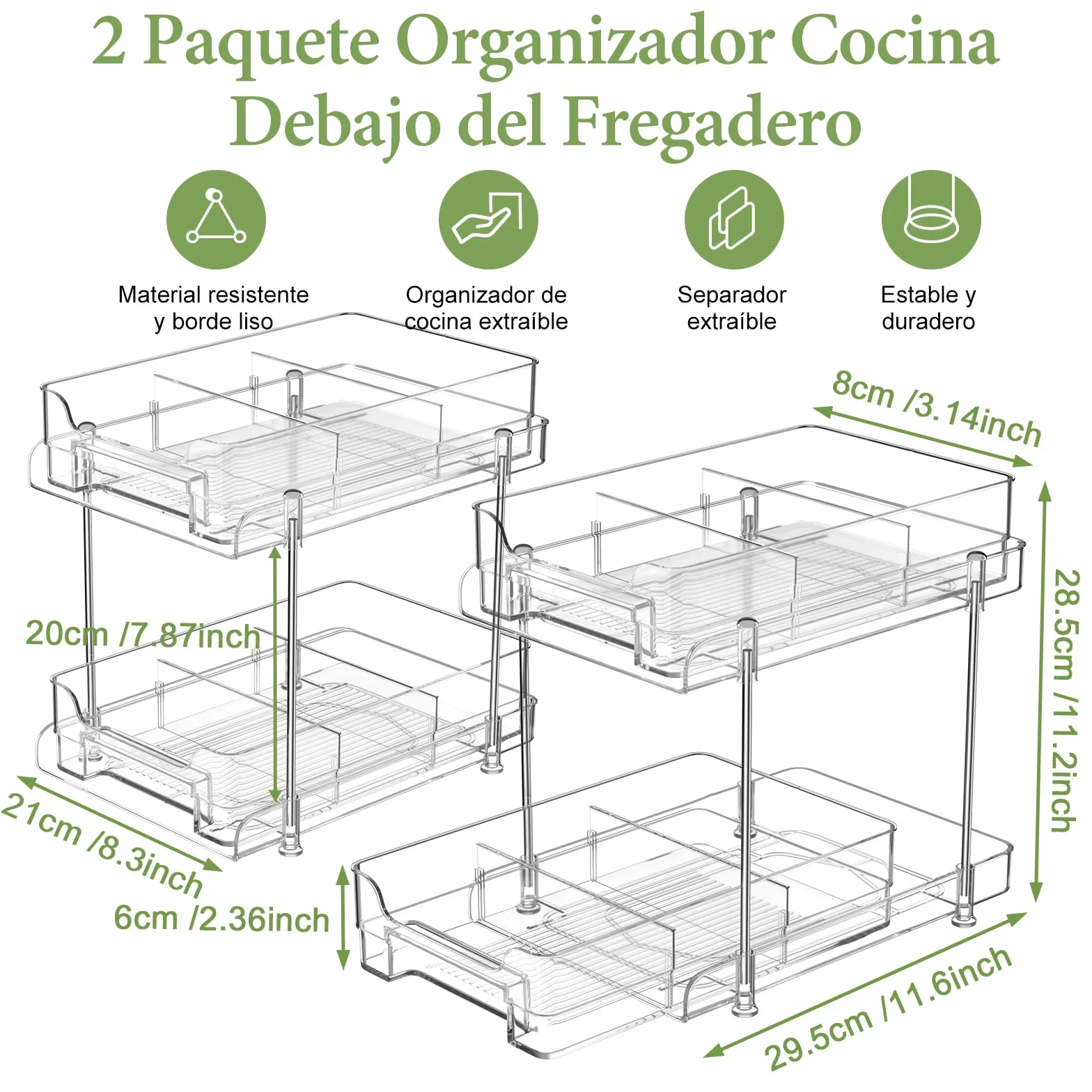 2 Paquete Organizador Cocina Debajo del Fregadero, 2 Niveles Extraíble Estante Almacenamiento, Maquillaje, Baño, Productos de Limpieza, Cajones