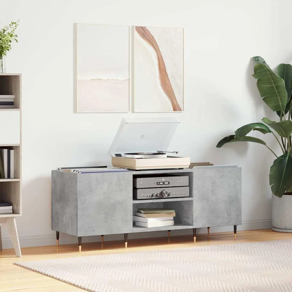 Armario de vinilo para colección LP, 121 x 38 x 48 cm, con patas de hierro, color gris hormigón