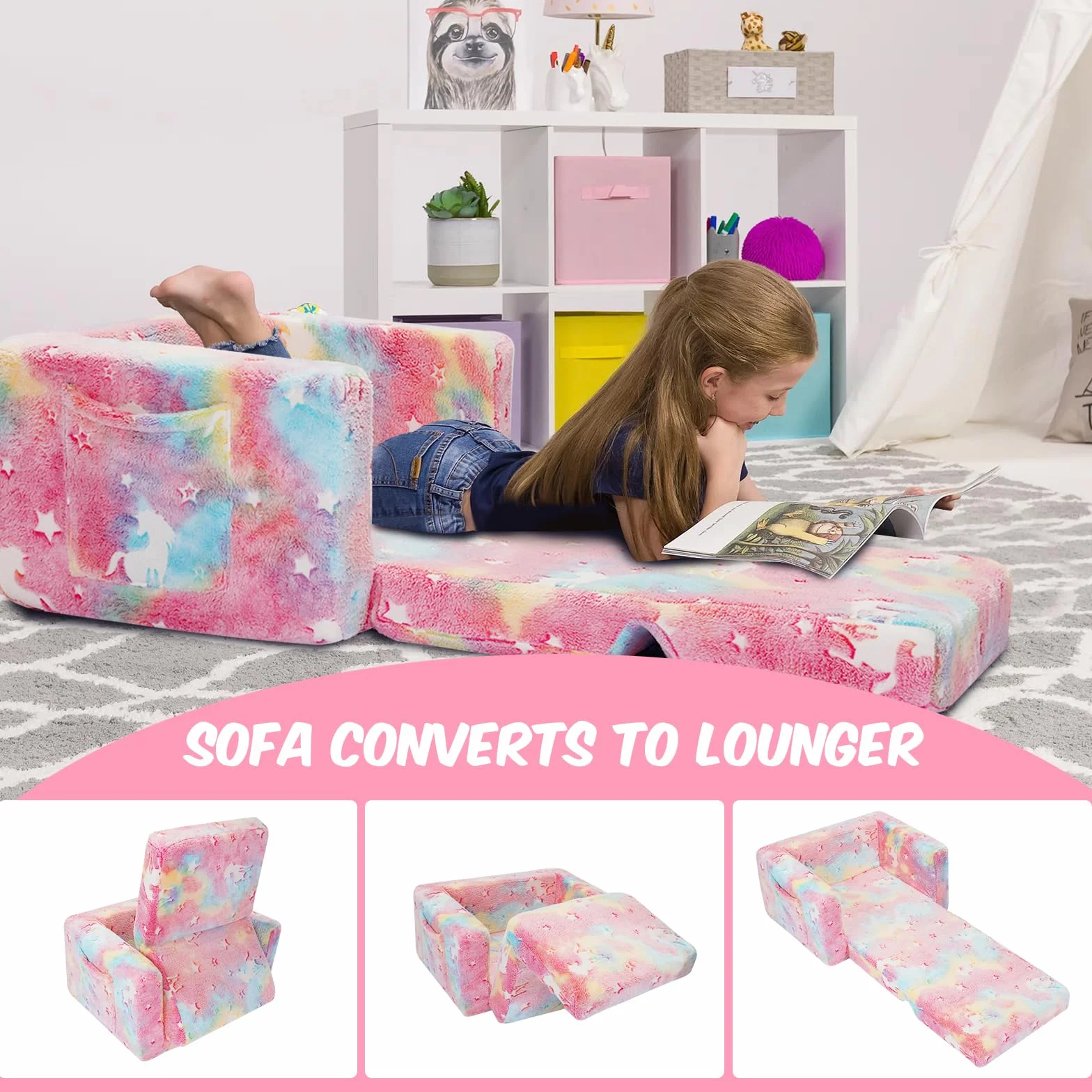 SLIGUY Sofá Plegable Niños Convertible Tumbona Brillante Oscuridad Unicornio Rosa