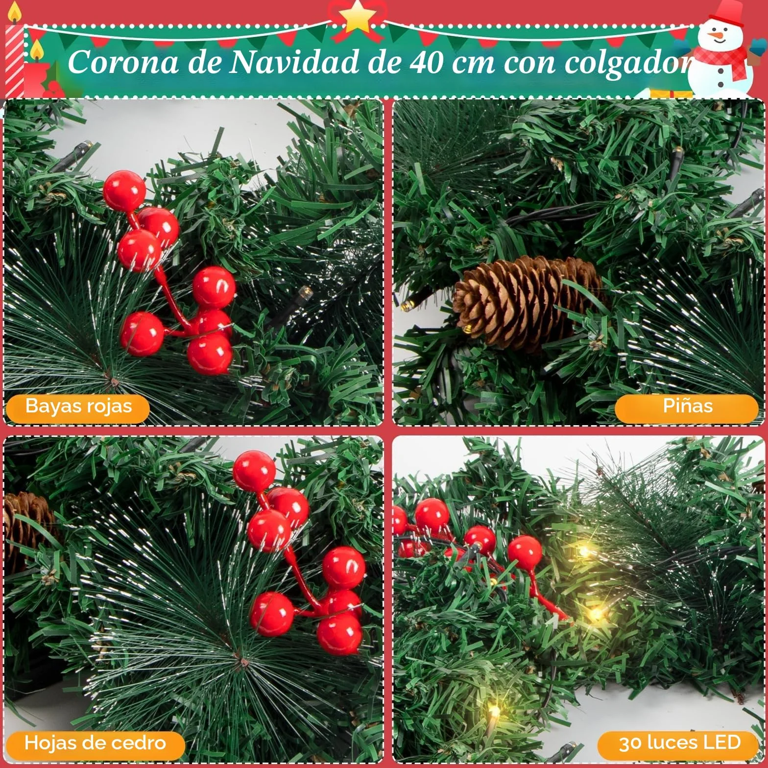 16in Corona Navidad Puerta Grande con 40LED Luces, Guirnalda Navidad Verde con piñas y Frutos Rojos, Artificial Corona Navideña Decoración Navidad para Puerta, Chimenea, Pared, Ventana