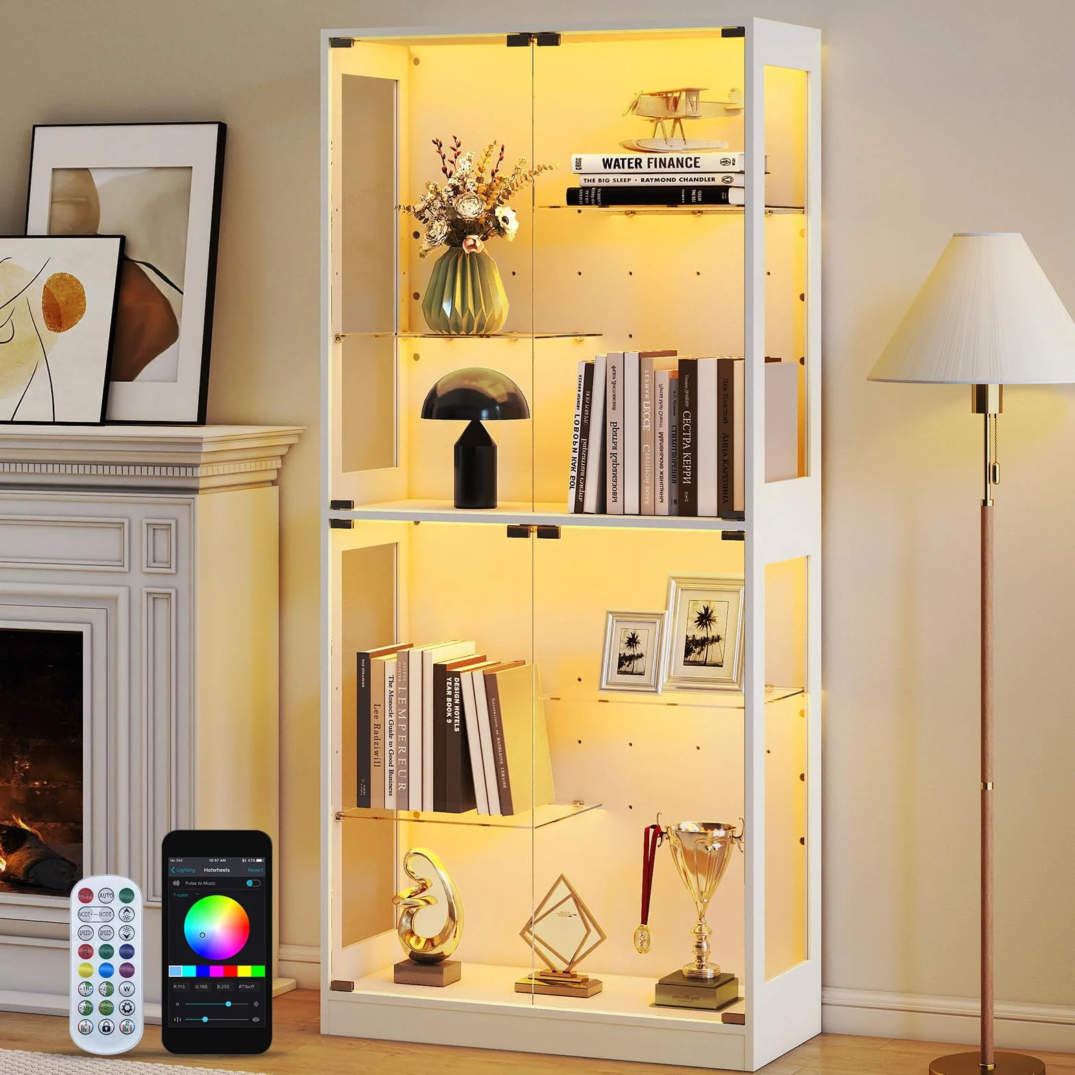 Lamtor Vitrina de cristal de pie de 175 cm con iluminación LED RGB, armario de vitrina de altura ajustable con cristal de seguridad y cierre magnético | para colecciones en el salón (blanco)