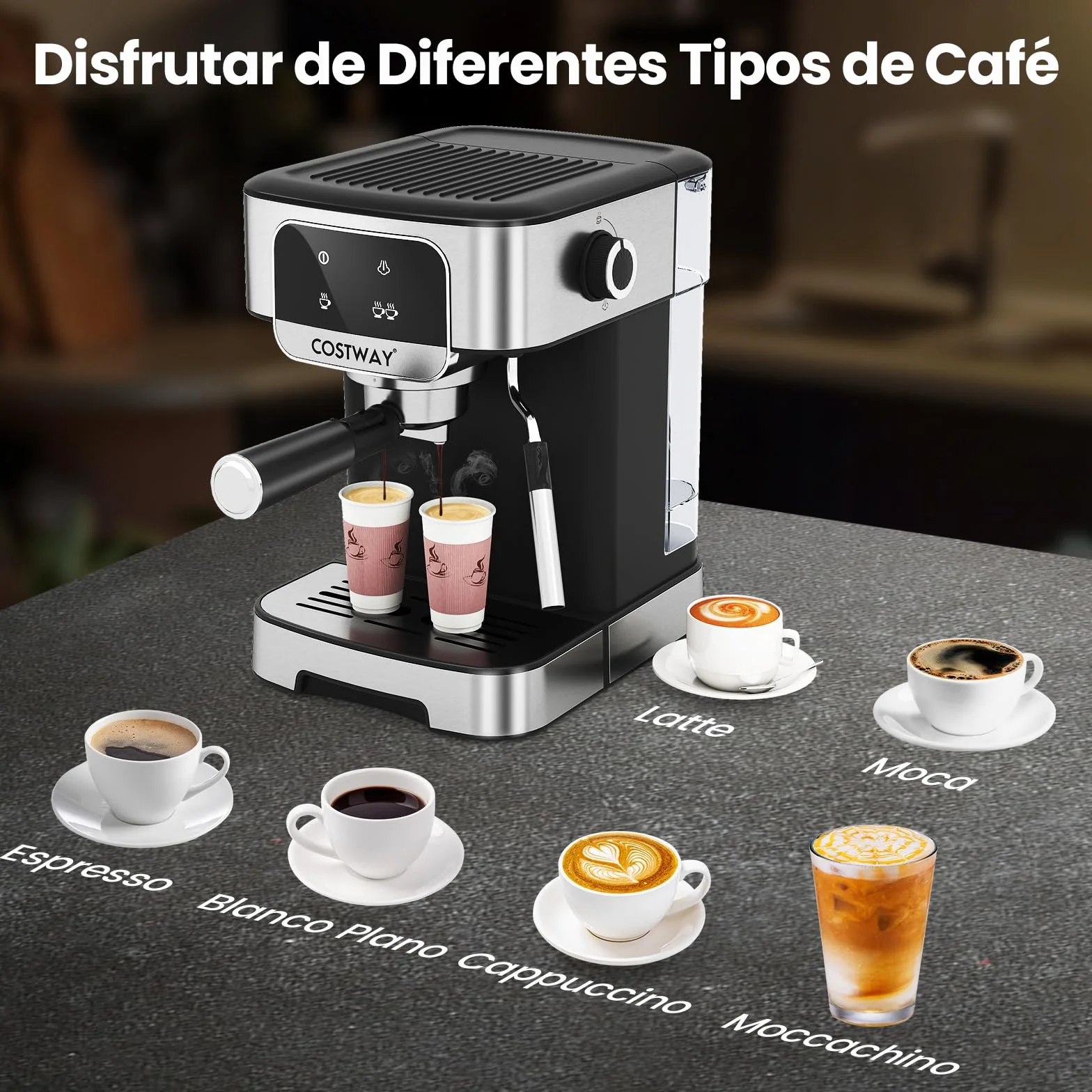 COSTWAY Cafetera Espresso 1200w, Presión de 20 Bares, Maquina de Cafe con Depósito de Agua Extraíble de 1,8 L, Espumador de Leche a Vapor, Coffee Machine para Baristas Cappuccino Macchiato