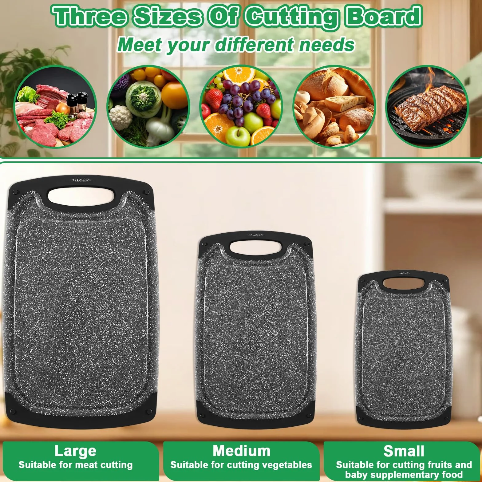 Tabla Cortar con Ranura Jugos Plástico Antideslizante 3 Piezas Accesorio Cocina para Verduras Carne Frutas Negro