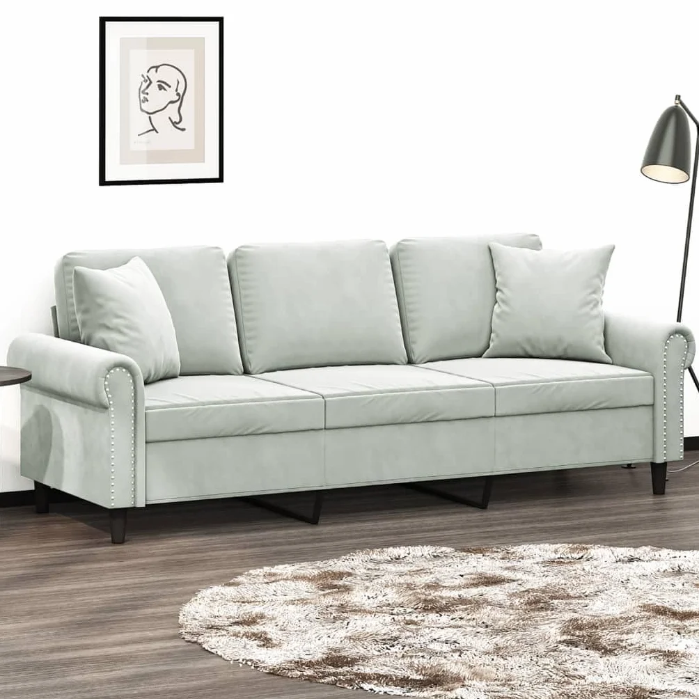 Sofá de 3 plazas con Cojines Terciopelo Gris Claro 180 cm