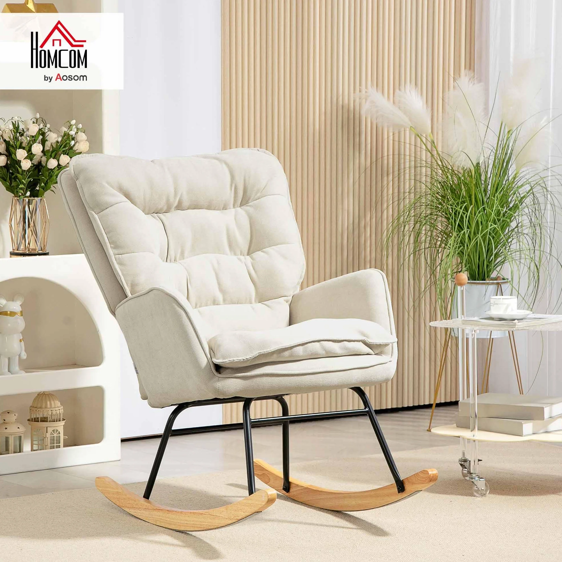 HOMCOM Mecedora Tapizada en Chenilla Silla Mecedora con Patas de Madera de Haya y Reposabrazos Mecedora para Lactancia Carga 120 kg para Dormitorio Salón Beige