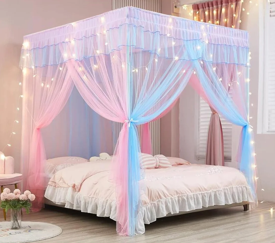 Cortinas con dosel de princesa para niñas, mosquitera, accesorios de decoración de dormitorio (arcoíris, King, 1 toldo de cama + marco de toldo)