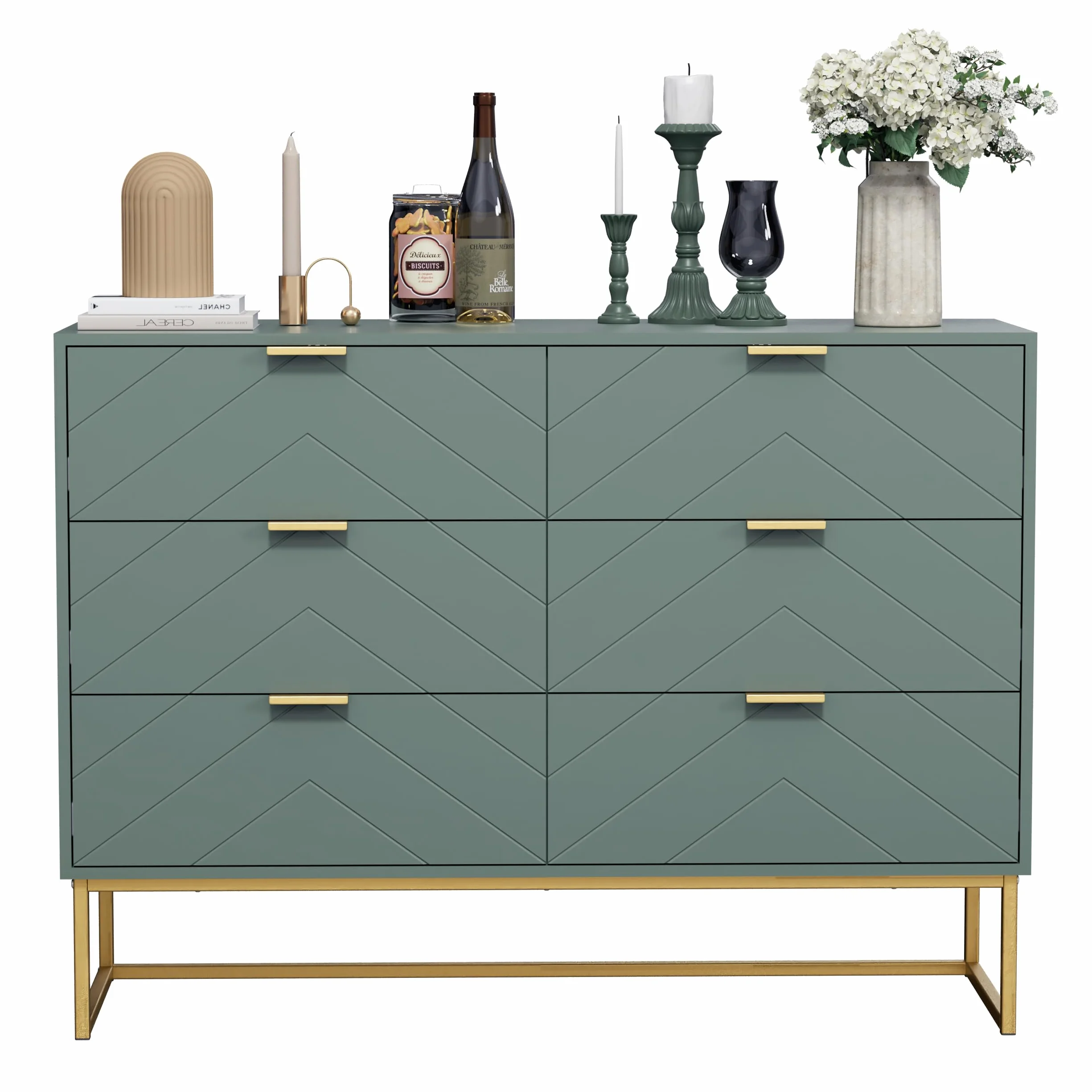 UEV Cómoda para Dormitorio, Cómoda con 6 Cajones y Patrón de Líneas, Armario Moderno y Práctico, Diseño Seguro Antivuelco, 100x34x73.5cm, Verde