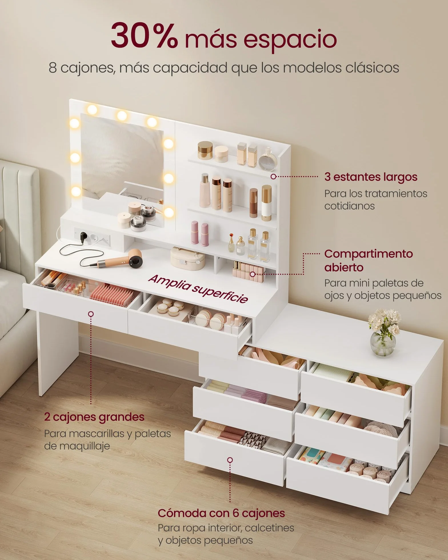 VASAGLE Kailyn Colección - Tocador con Espejo LED y Regleta, 9 Bombillas, 8 Cajones, 3 Estantes, Iluminación de 3 Colores, Modular en Línea o en L, Mesa de Maquillaje, Blanco Nube RDT140WB01