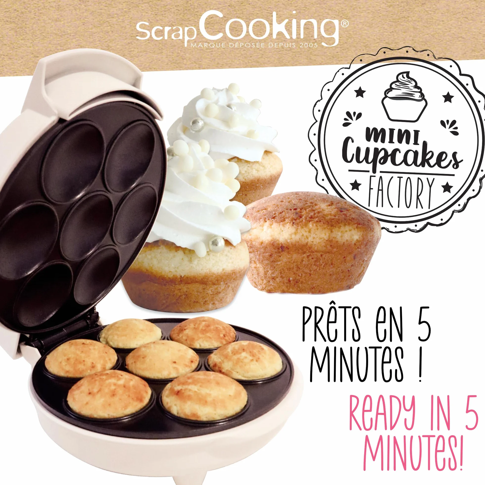 ScrapCooking - Máquina de Cupcakes y Muffins - Mini Cupcakes Factory - Aparato para Hacer Muffins en 5 Minutos - Idea de Regalo para Repostería y Cocina - Receta Incluida - 3892