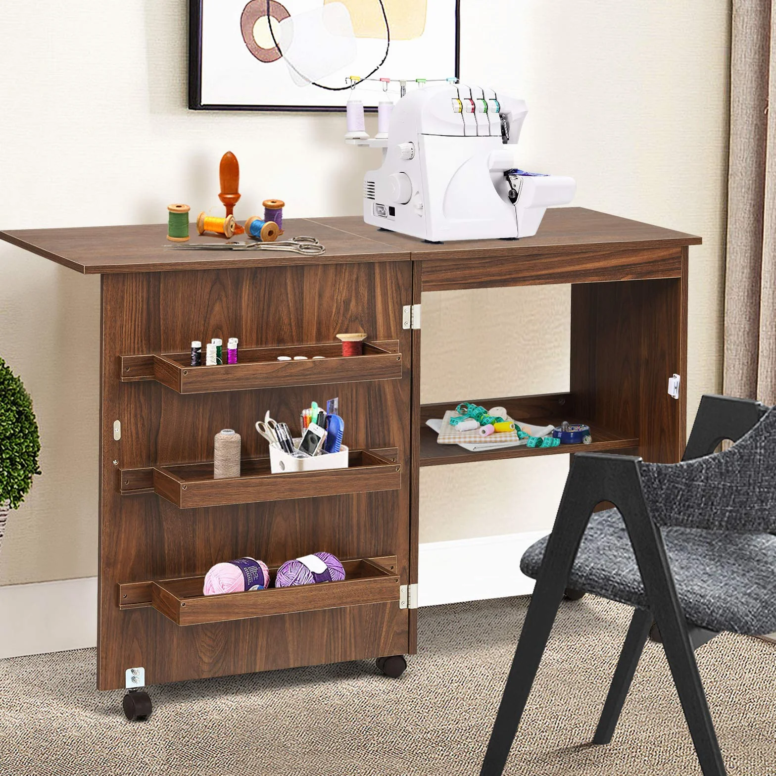 COSTWAY Mesa Maquina de Coser Plegable, 2 en 1 Mueble Maquina Coser con 3 Compartimientos, 1 Estante de Almacenamiento y 5 Ruedas Bloqueables, Mesa de Costura Que Ahorro de Espacio (Marrón Oscuro)