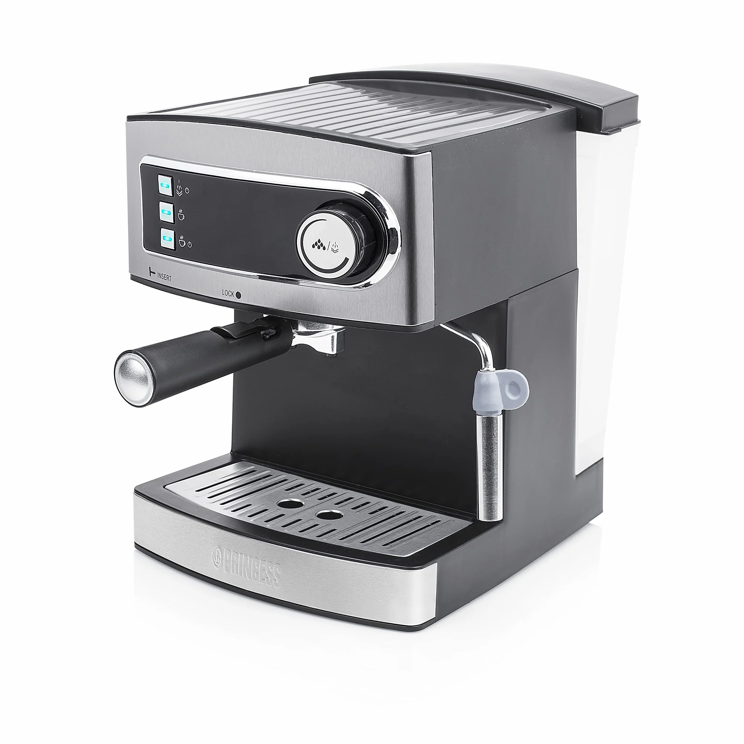 Princess 249407 Máquina de café Espresso, 15 bares de presión, depósito de agua extraíble de 1.6 l, vaporizador de leche para Capuccino o Latte Macchiato, 850 W, Plateado y Negro