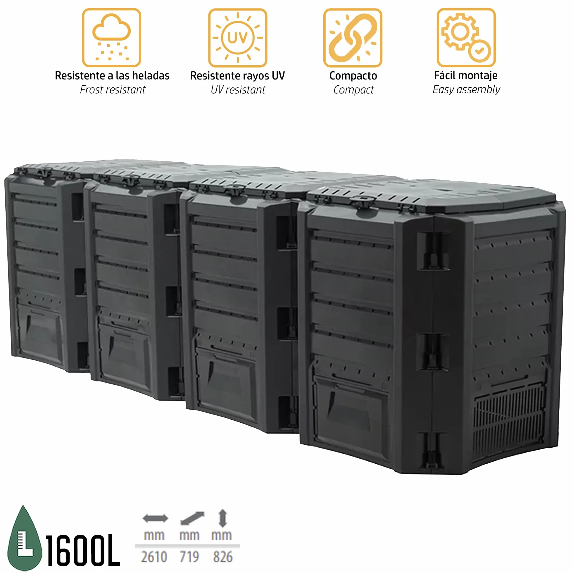 Planta de compostaje Module compogreen 1600l., Dimensiones (mm) 2610x719x826, Color Negro