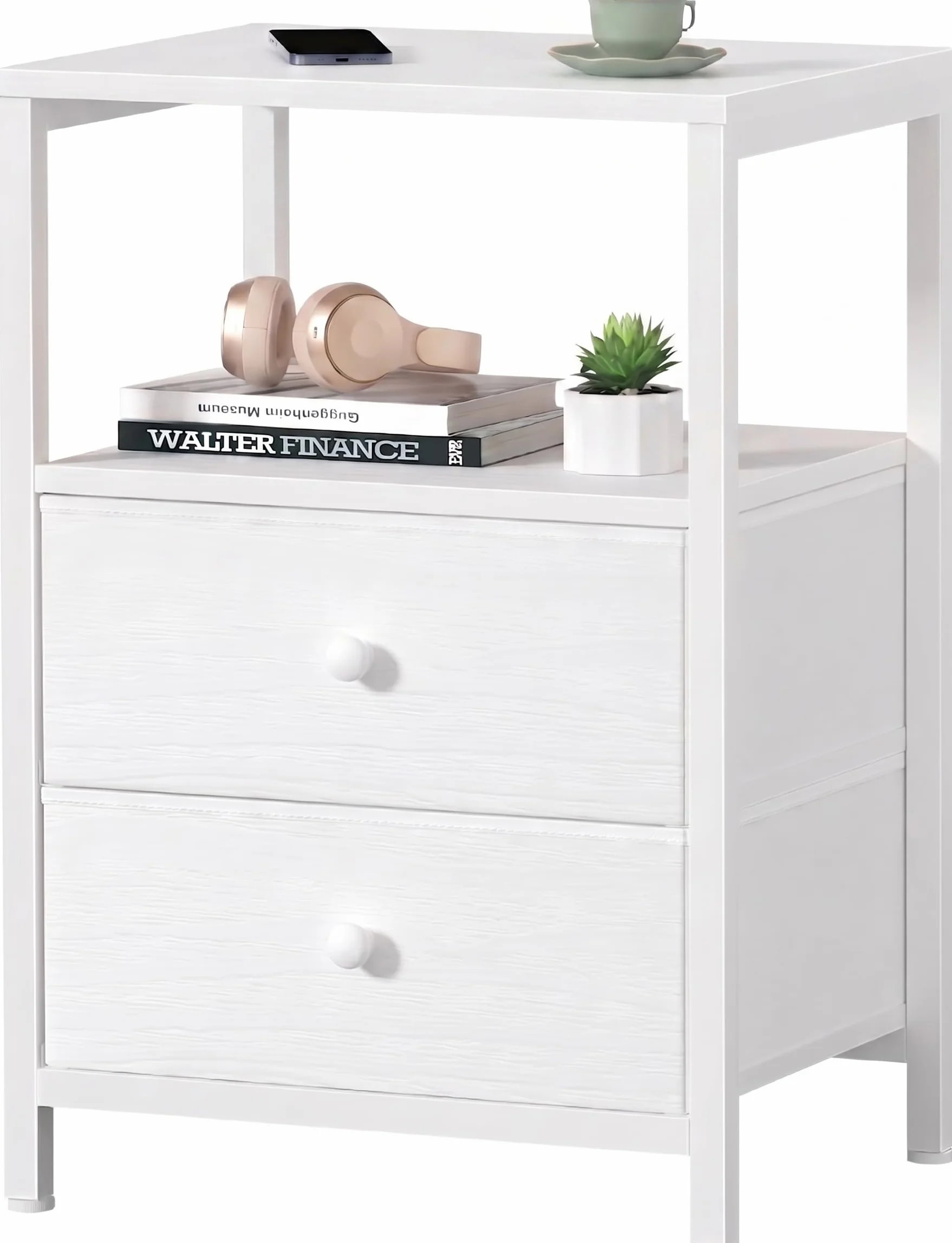 Lufeiya Mesita de Noche con 2 Cajones, Mesa Auxiliar Moderna de Madera, Marco de Metal Estable, Cómoda para Dormitorio, Salón, Pasillo, Fácil Montaje
